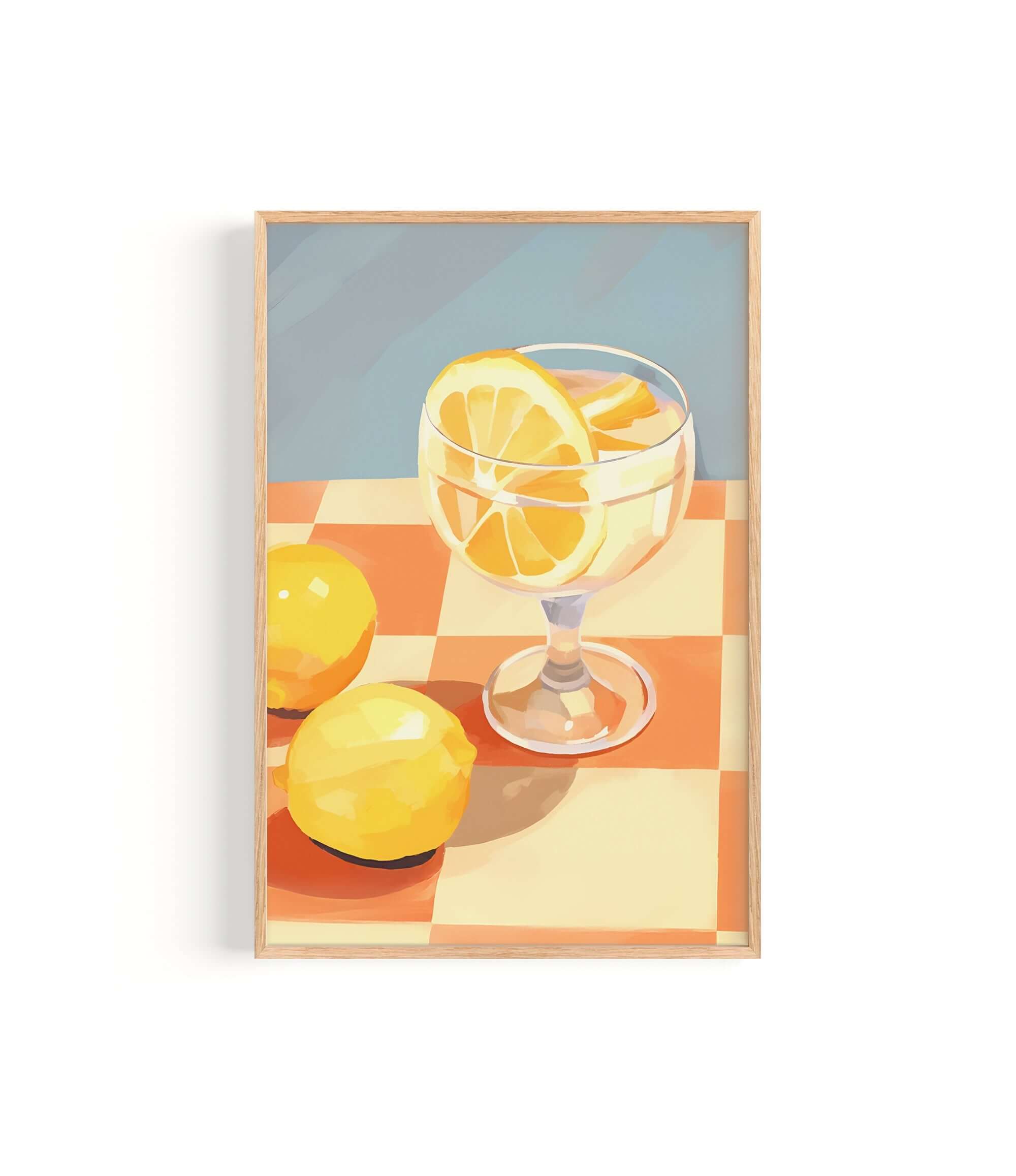 A framed illustration of a glass of lemonade with lemon slices, set on a checkered tablecloth.