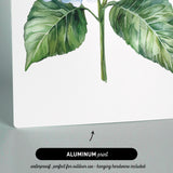 The image is an aluminum print featuring a watercolor painting of a blue hydrangea flower with green leaves.