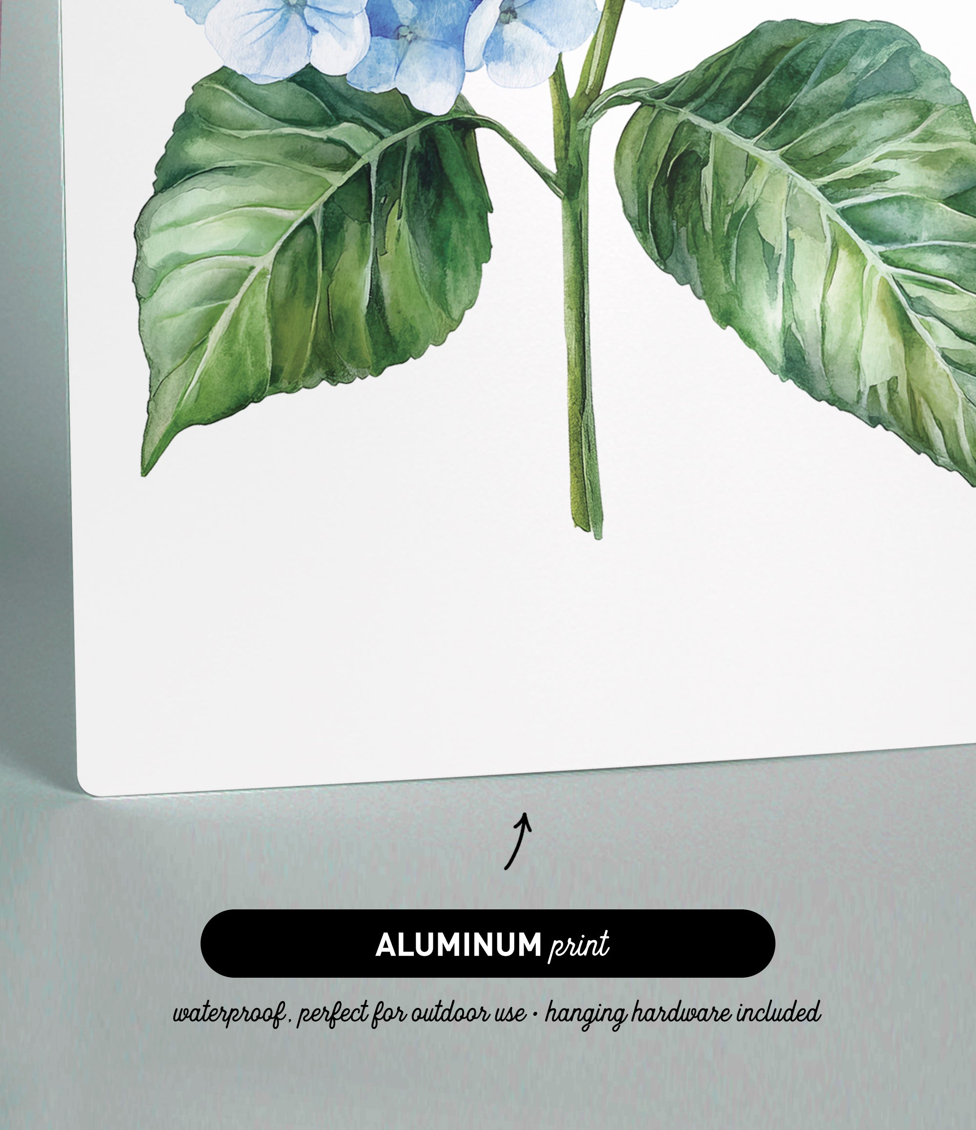 The image is an aluminum print featuring a watercolor painting of a blue hydrangea flower with green leaves.