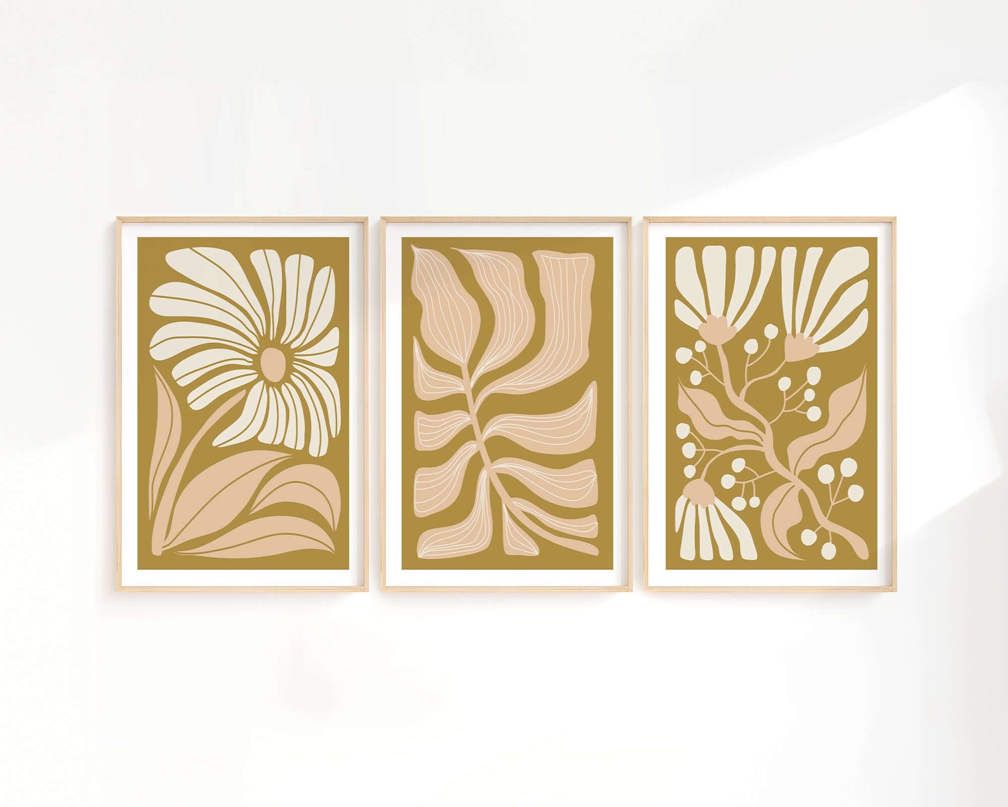 The Flower Blocks Triptych | Set of Three Prints | 008 features elegant framed abstract botanical art in beige and gold, perfect for enhancing any home decor.