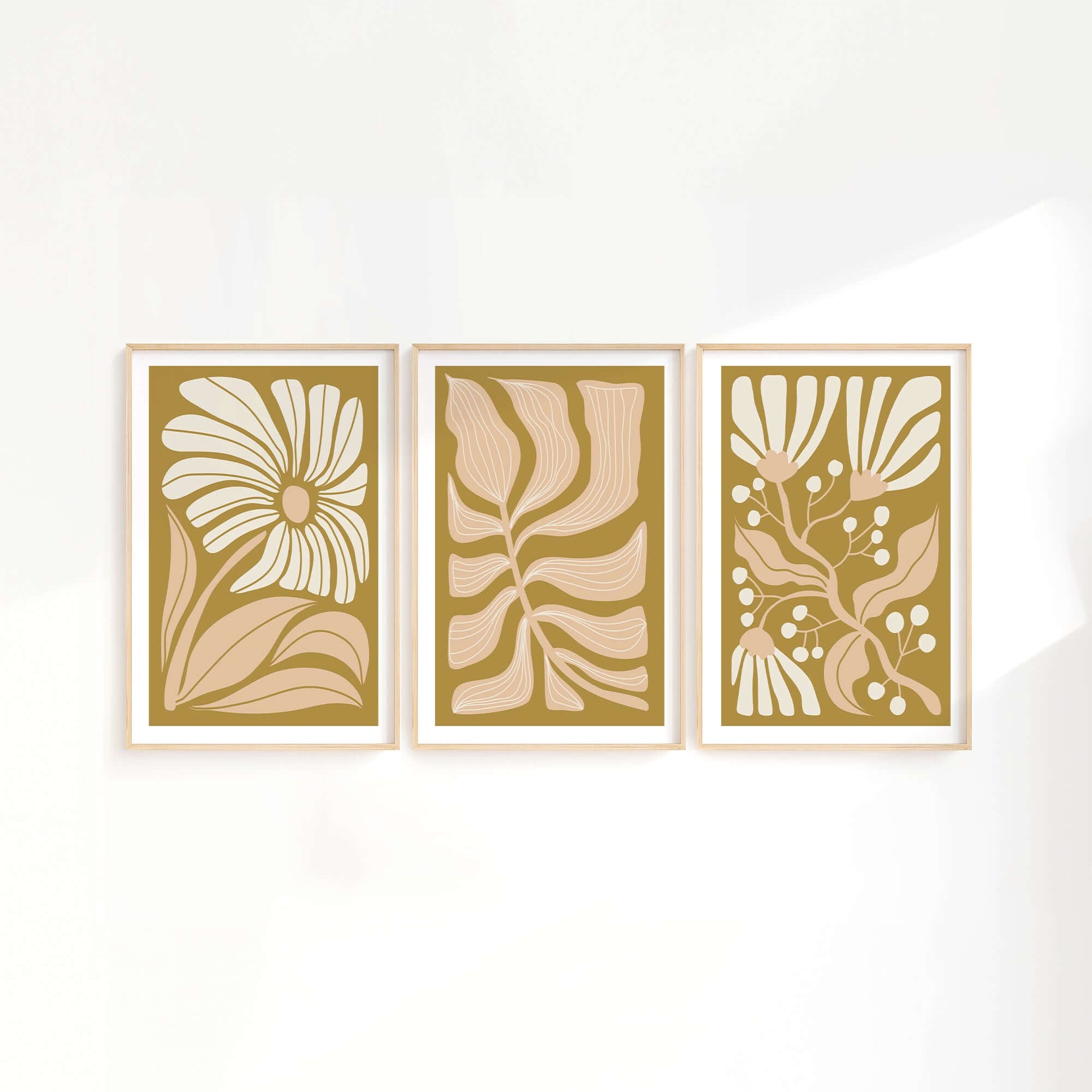 The Flower Blocks Triptych | Set of Three Prints | 008 features elegant framed abstract botanical art in beige and gold, perfect for enhancing any home decor.