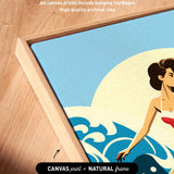 a woman surfing on a wave, with a wooden frame surrounding the artwork.