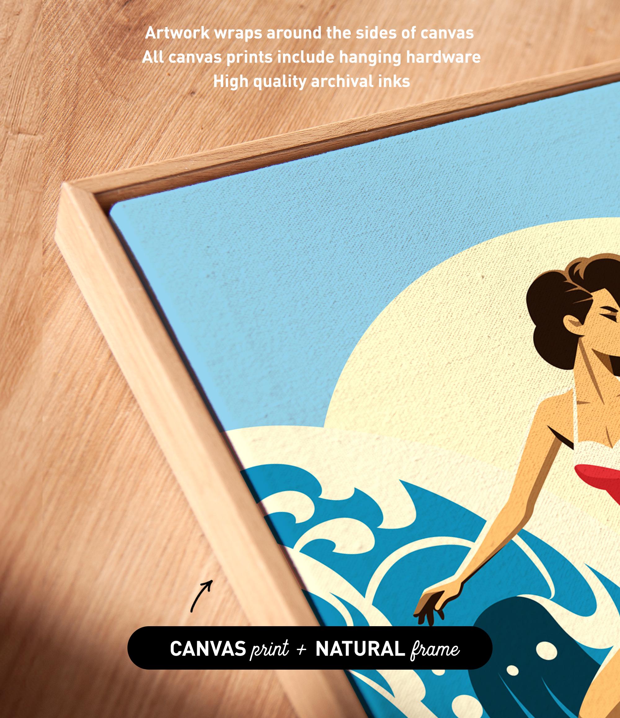 a woman surfing on a wave, with a wooden frame surrounding the artwork.