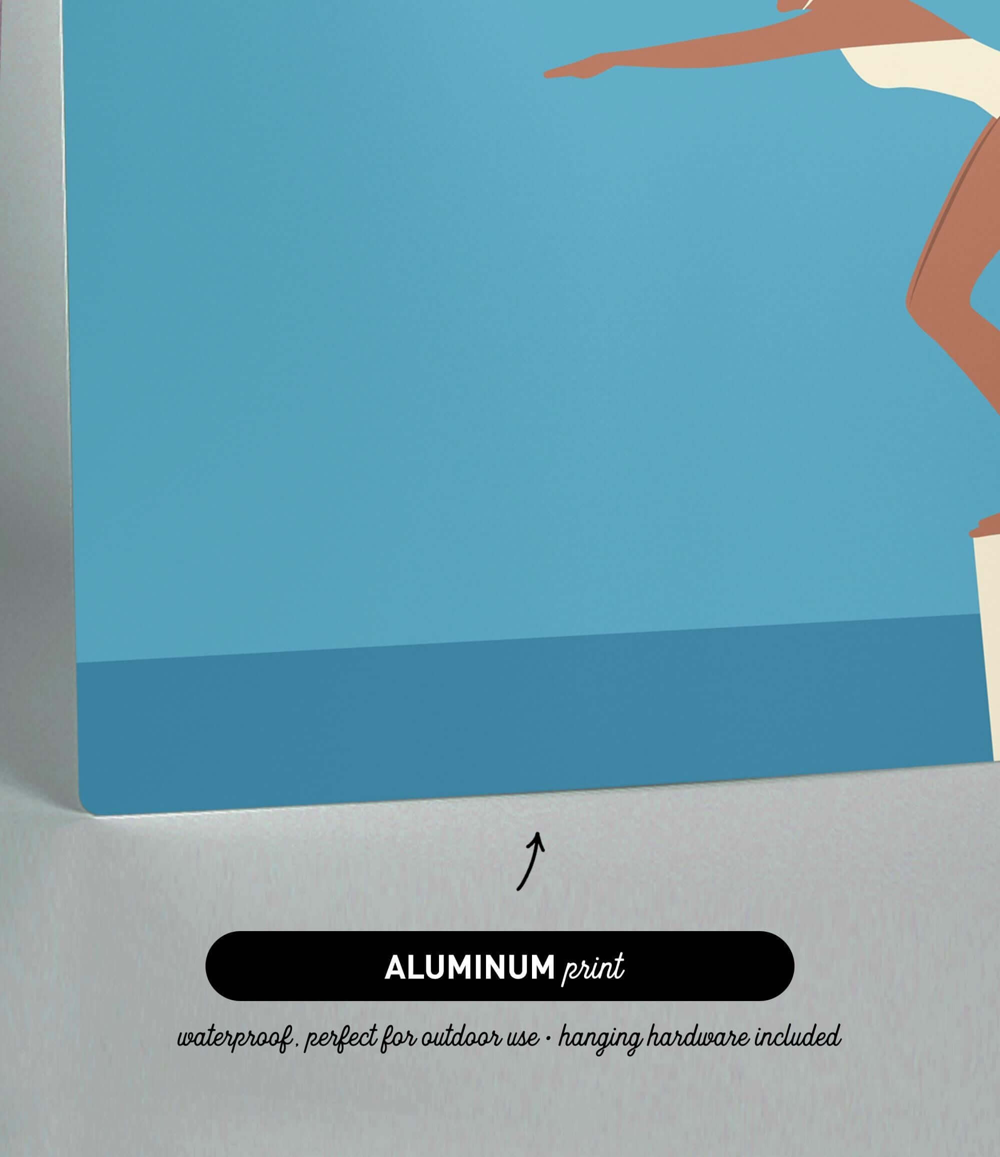 The image is an aluminum print that is waterproof and perfect for outdoor use, as it includes hanging hardware.