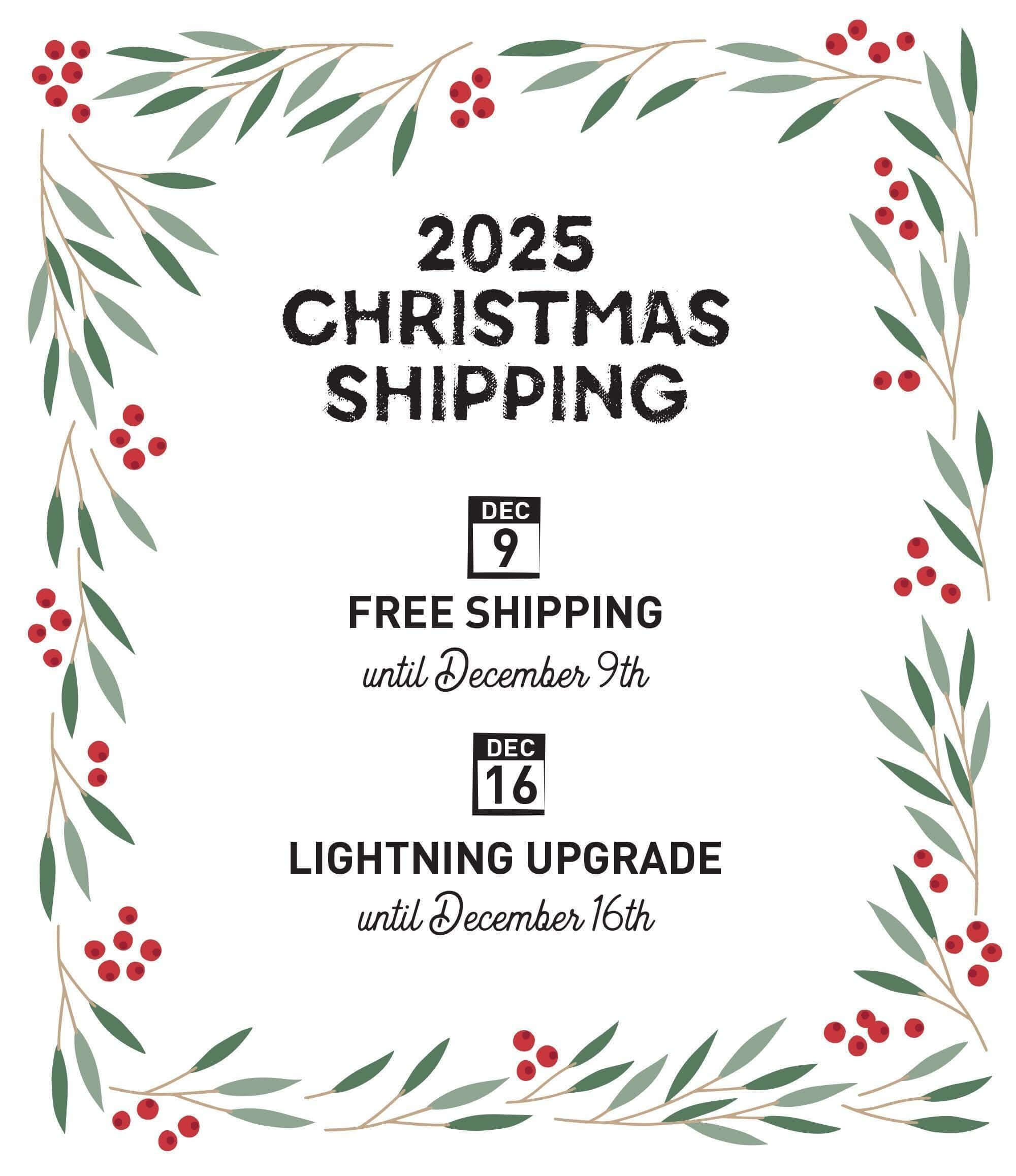 The image is a Christmas shipping advertisement with a festive border of red berries and green leaves. It announces free shipping until December 9th and a lightning upgrade until December 16th.