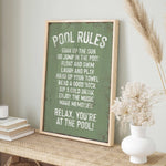 a picture of a pool rules sign on a shelf