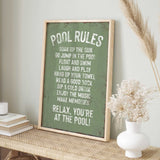 a picture of a pool rules sign on a shelf