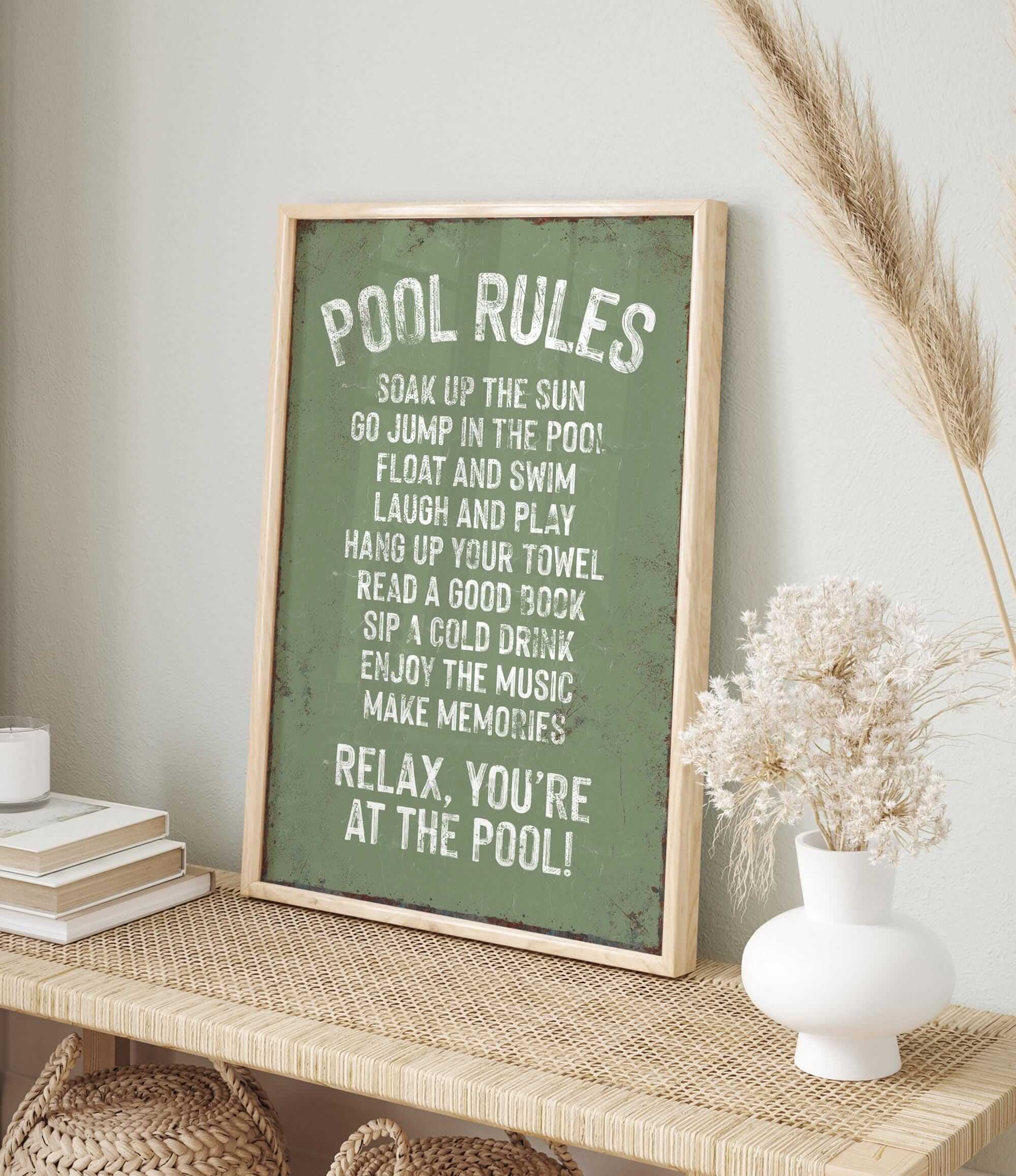 a picture of a pool rules sign on a shelf
