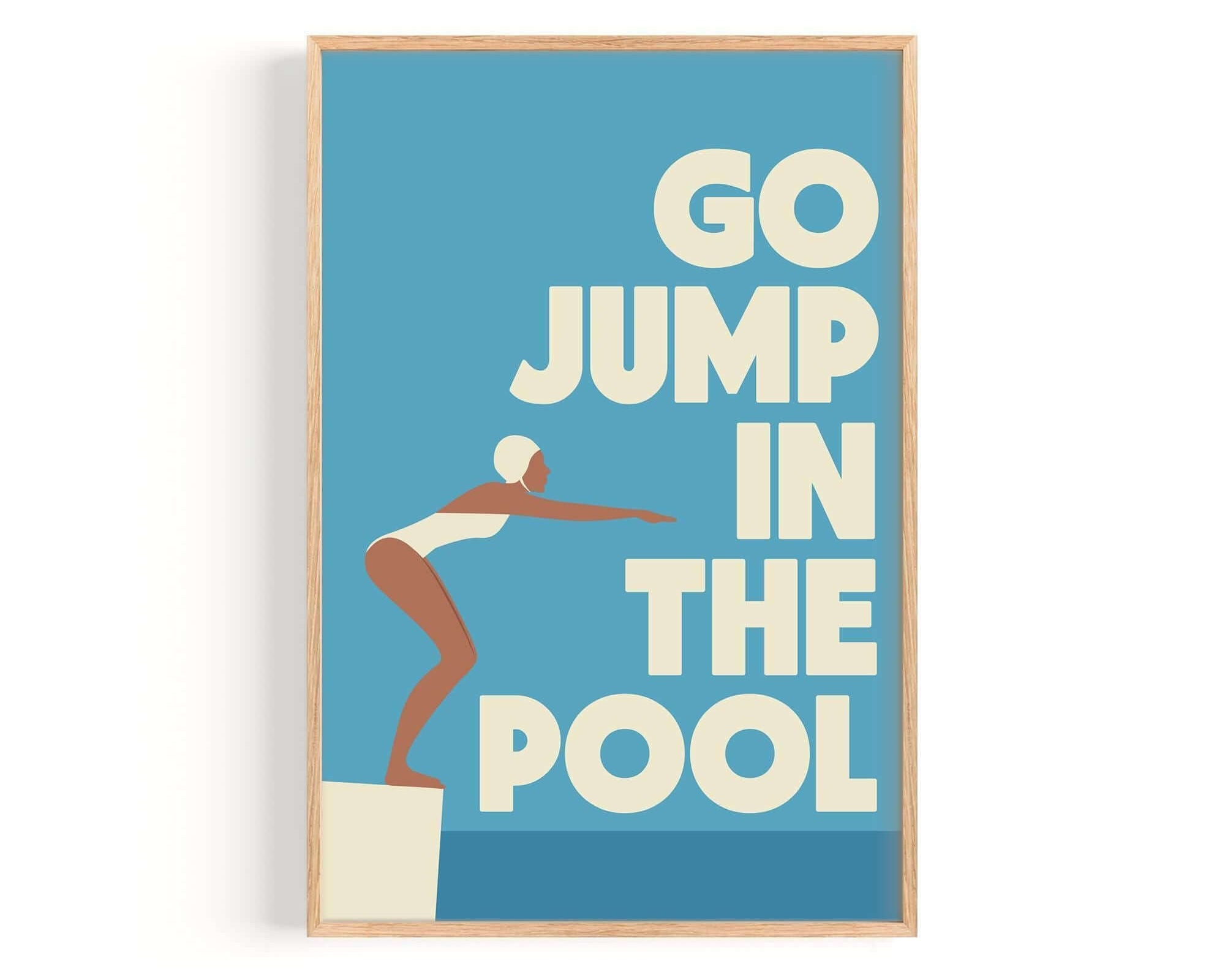 a woman jumping into a pool, with the text "GO JUMP IN THE POOL" displayed prominently in the background.