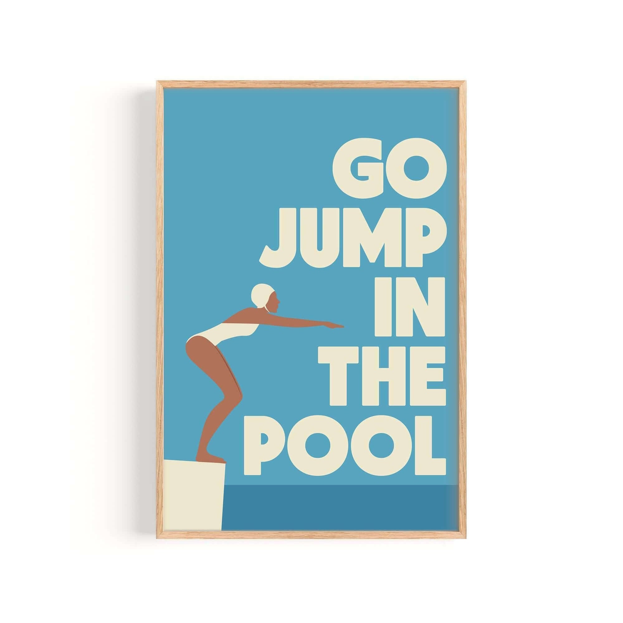 a woman jumping into a pool, with the text "GO JUMP IN THE POOL" displayed prominently in the background.