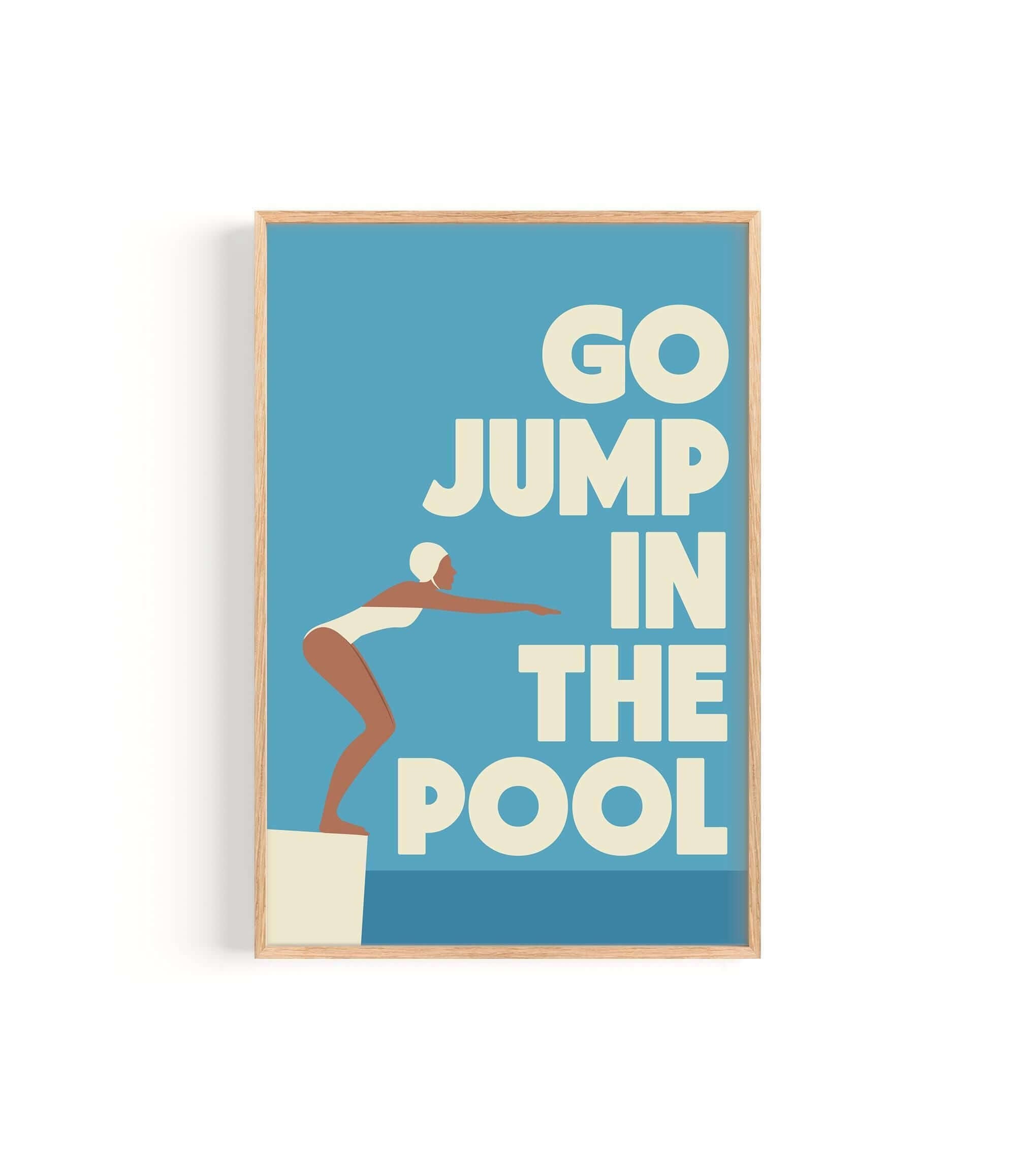 a woman jumping into a pool, with the text "GO JUMP IN THE POOL" displayed prominently in the background.
