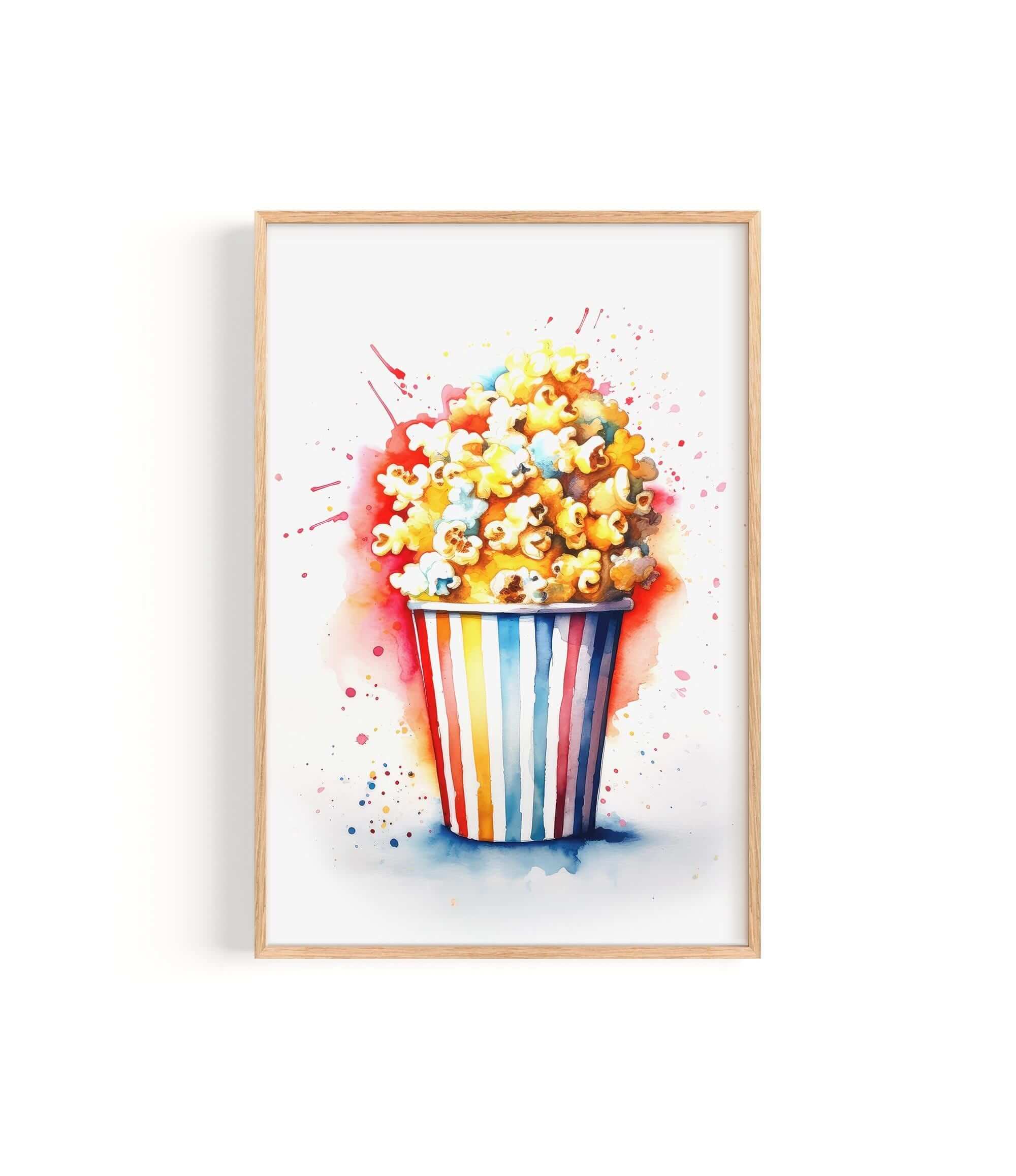 A framed watercolor painting depicting a colorful bucket filled with popcorn.
