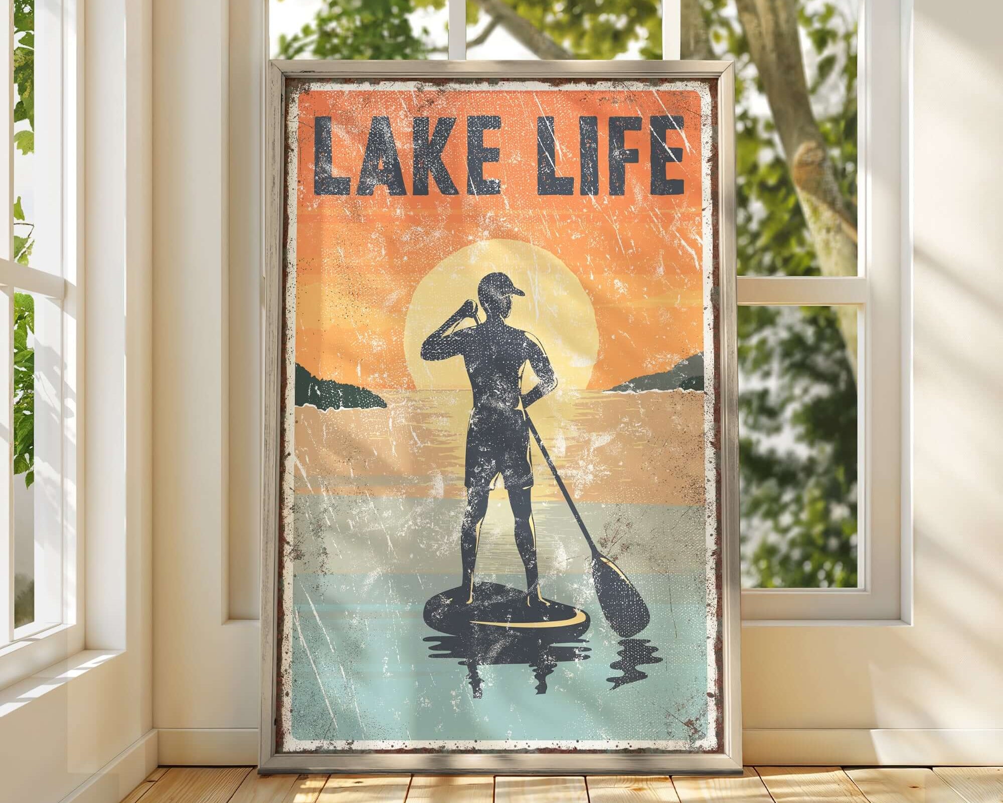 a picture of a man on a surfboard in front of a window