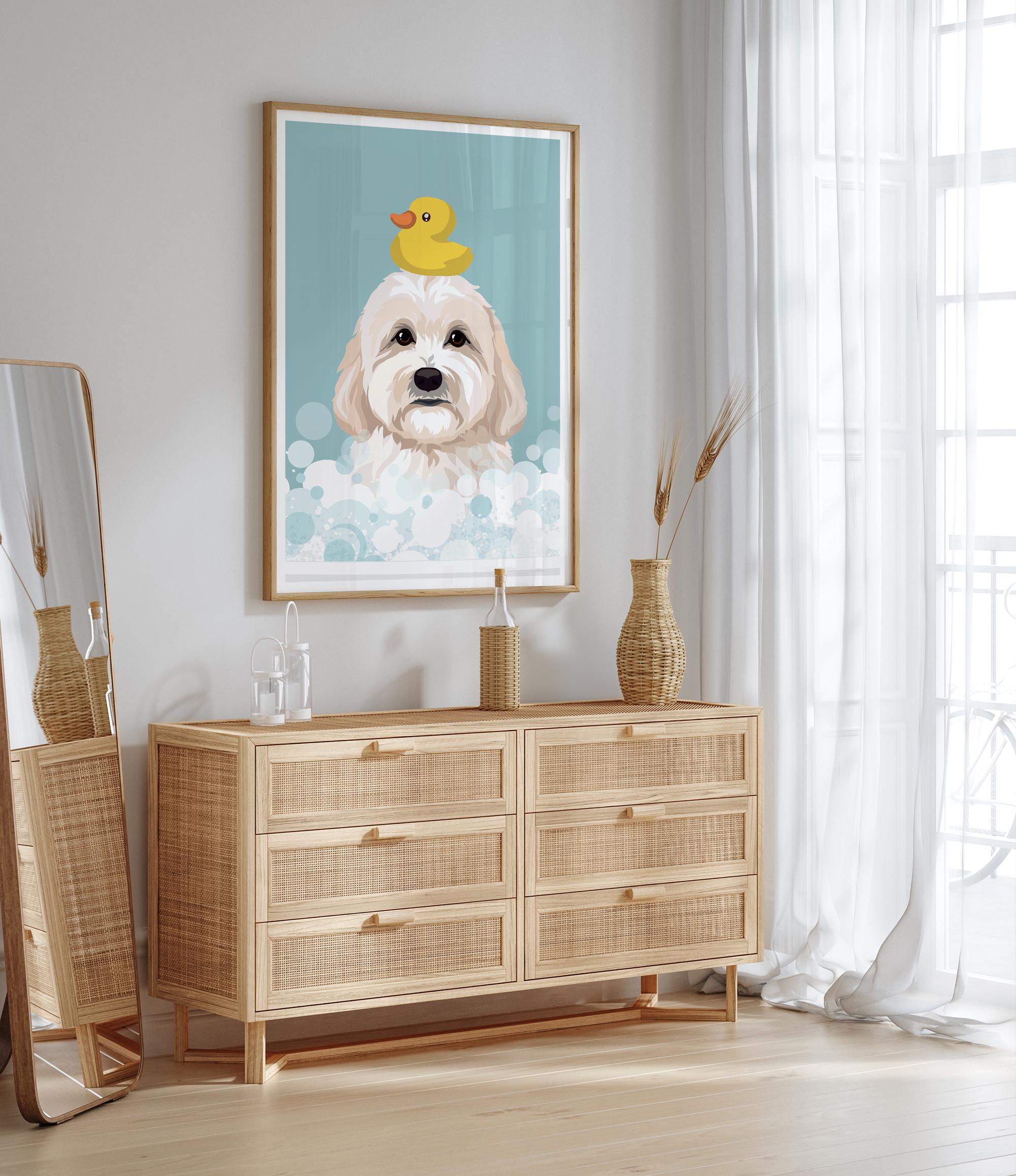 a wooden dresser with a framed picture of a dog on the wall above it. The dresser has six drawers and is situated in a room with a window and a mirror.