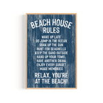 The Beach House Rules Sign, Painted Wood, Nautical, features white text on blue wood—ideal as beach house wall decor or coastal art to inspire relaxation and fun at the beach.