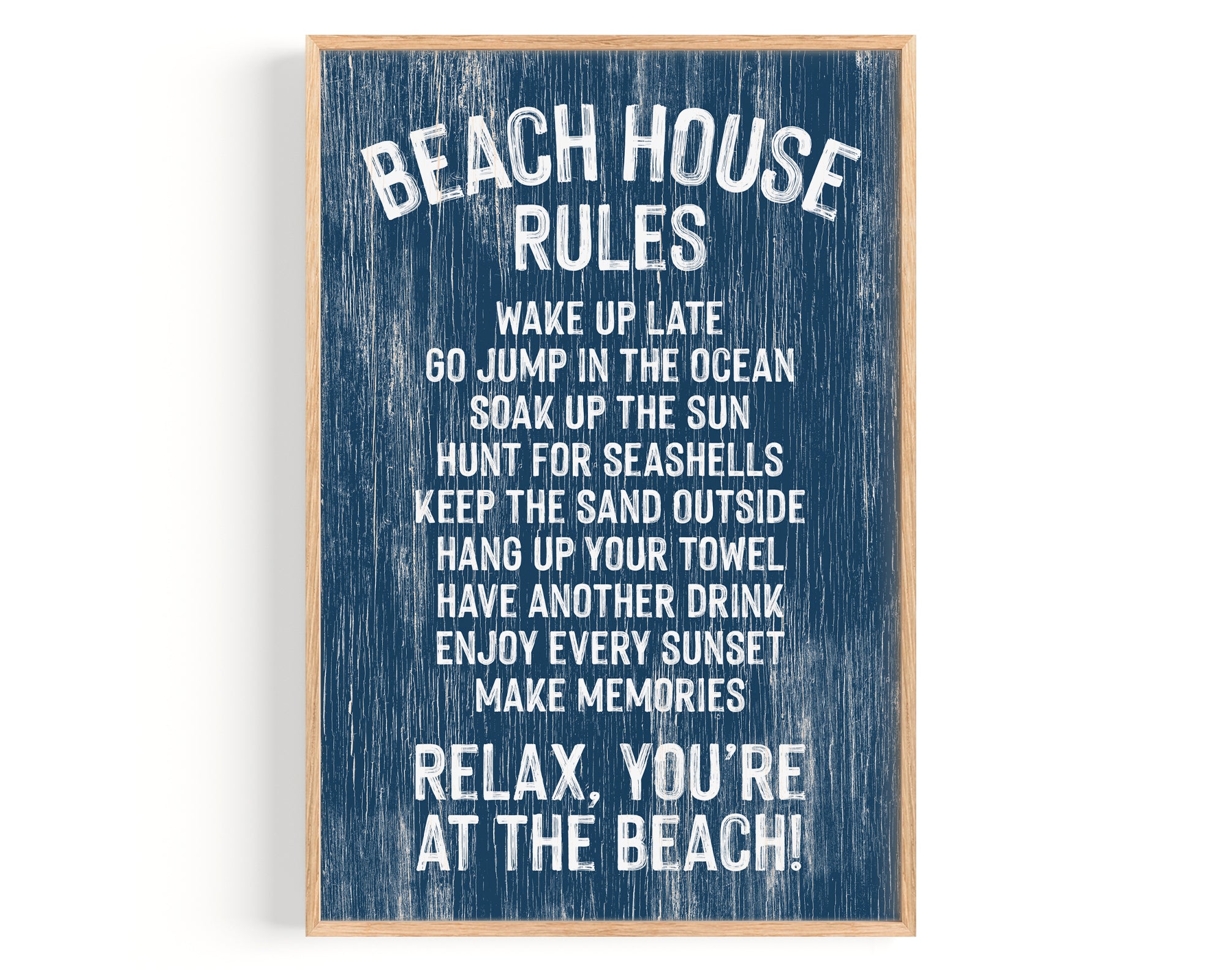 The Beach House Rules Sign, Painted Wood, Nautical, features white text on blue wood—ideal as beach house wall decor or coastal art to inspire relaxation and fun at the beach.