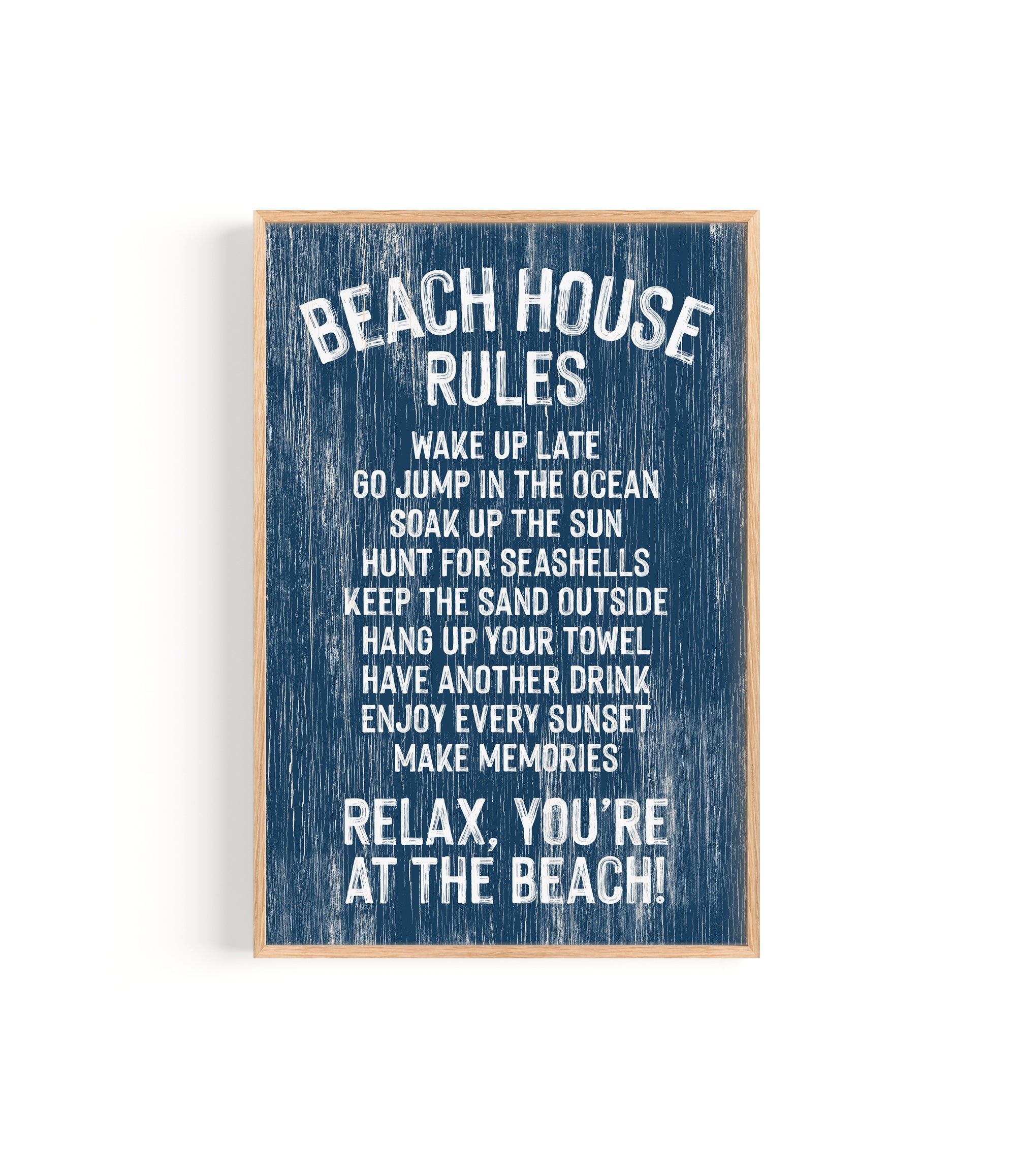 The Beach House Rules Sign, Painted Wood, Nautical, features white text on blue wood—ideal as beach house wall decor or coastal art to inspire relaxation and fun at the beach.