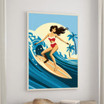 A woman in a red bikini is surfing on a wave in the ocean, with palm trees and a blue sky in the background.