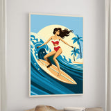 A woman in a red bikini is surfing on a wave in the ocean, with palm trees and a blue sky in the background.