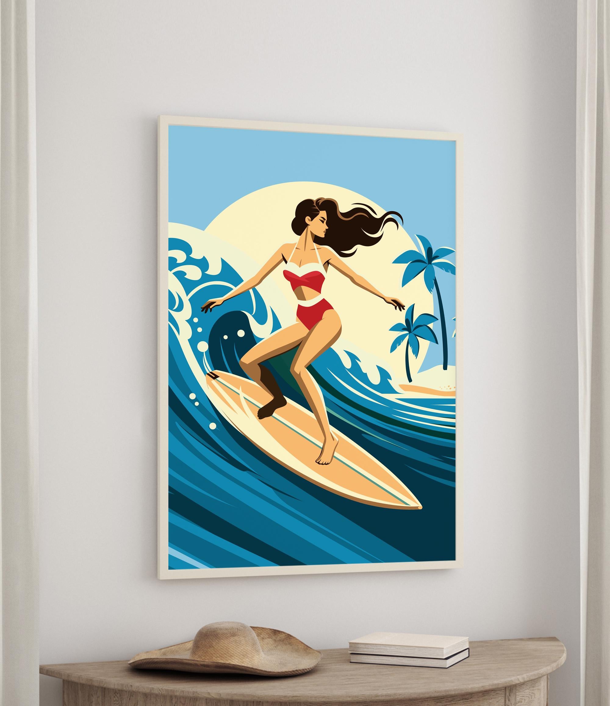 A woman in a red bikini is surfing on a wave in the ocean, with palm trees and a blue sky in the background.