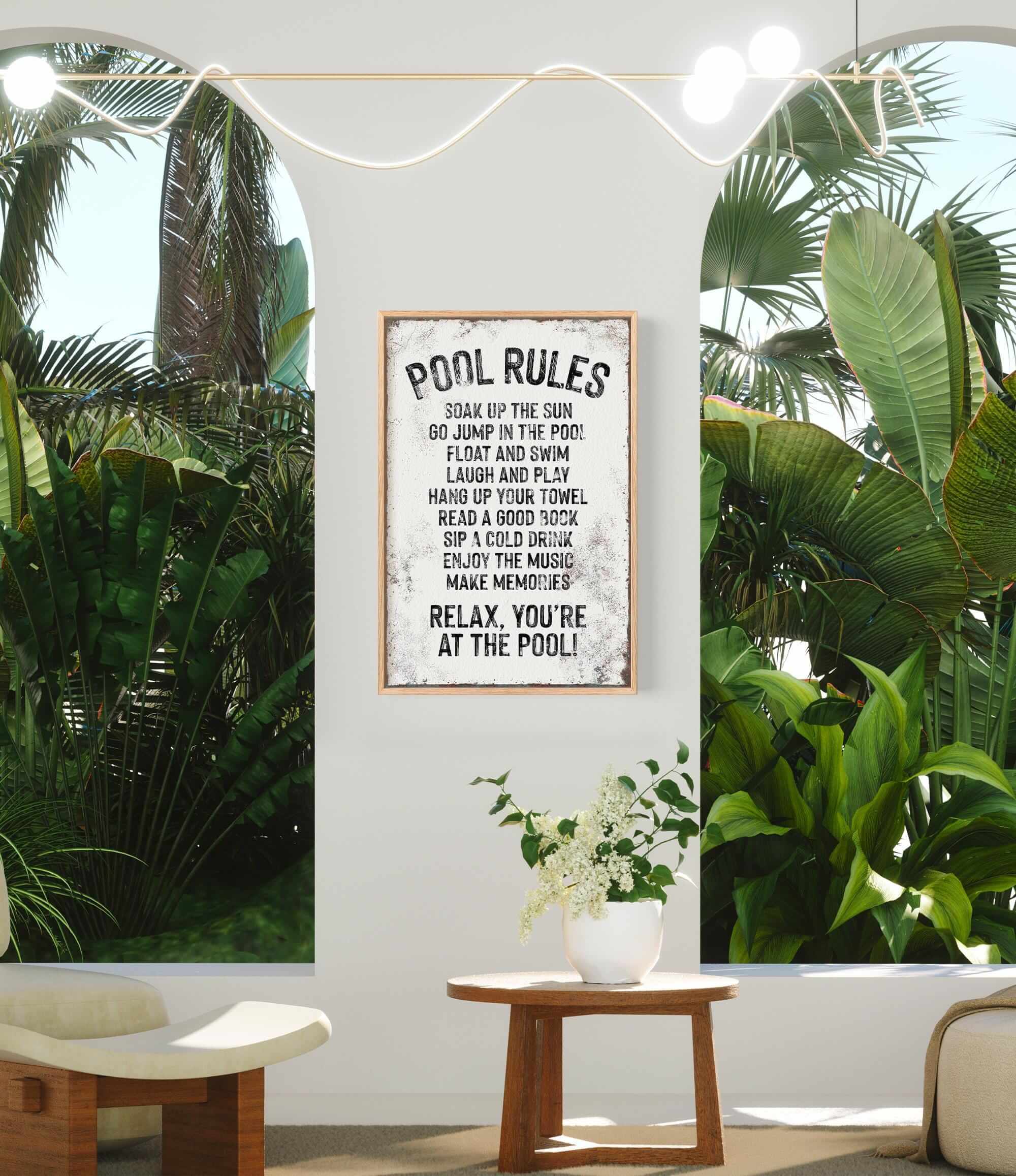 a picture of a room with plants and a sign
