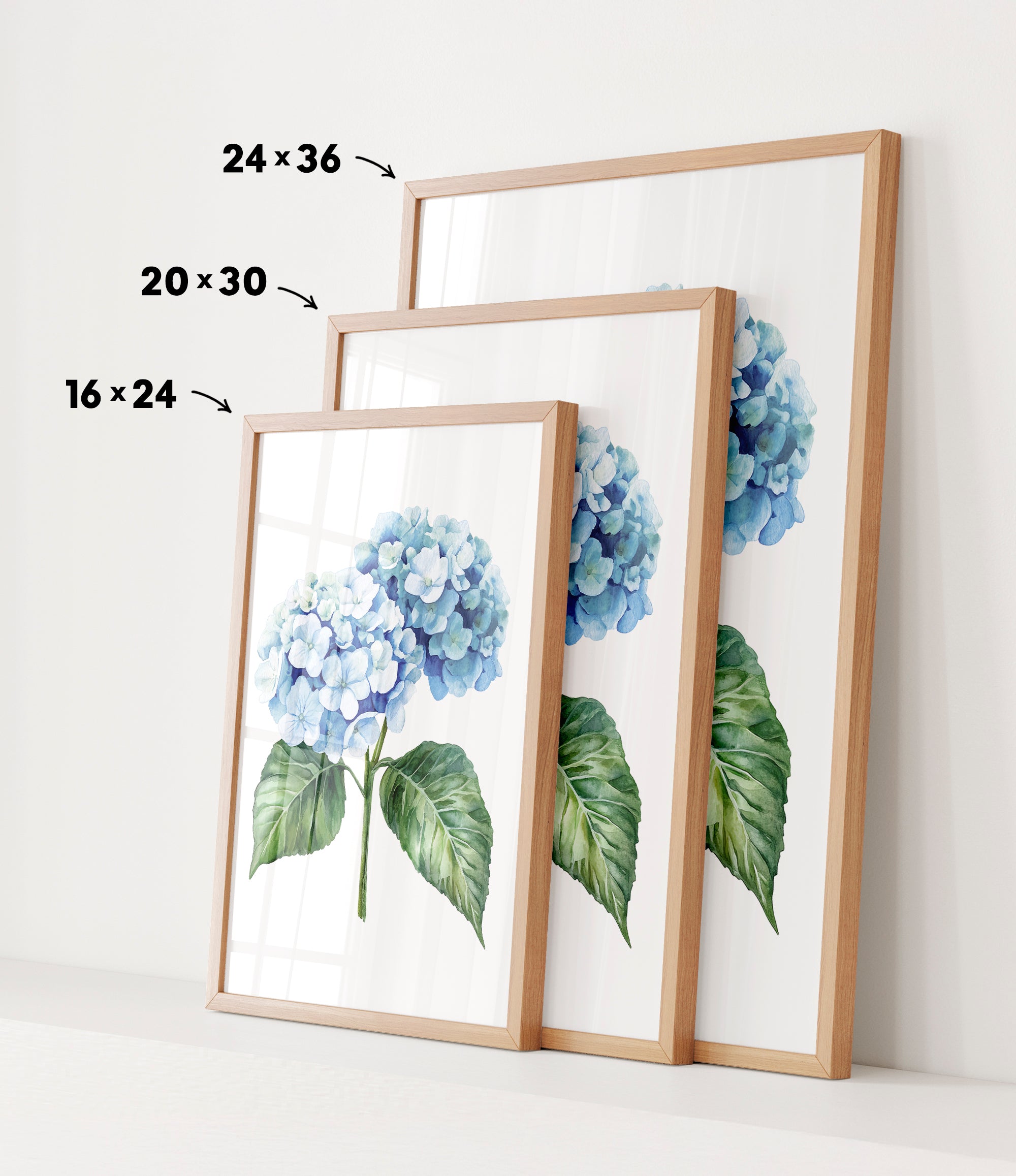 three framed prints of a blue hydrangea flower, each with a different size and frame.