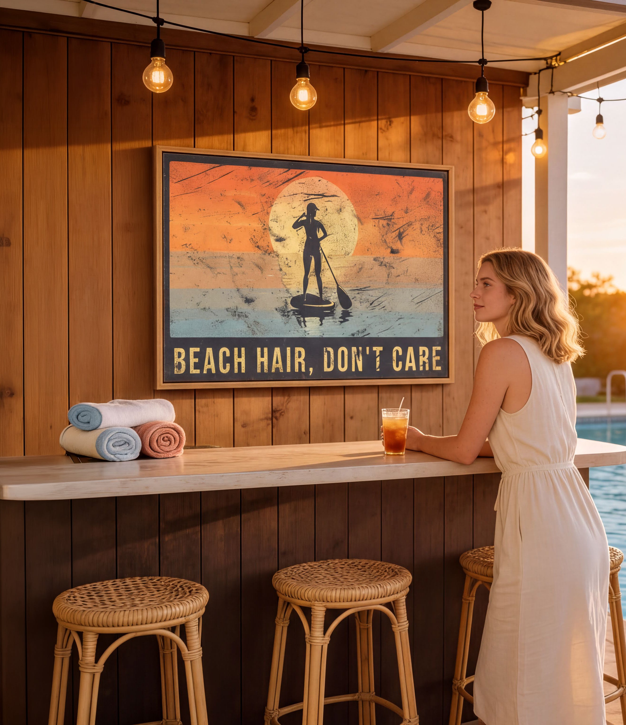 A woman stands at a bar with a framed poster of a paddleboarder and the text "BEACH HAIR, DON'T CARE" above it.