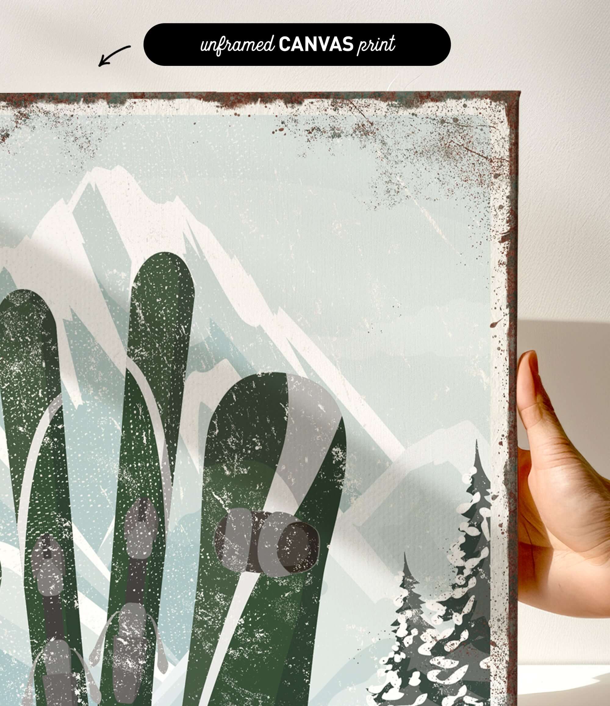 a person holding up a poster with skis on it