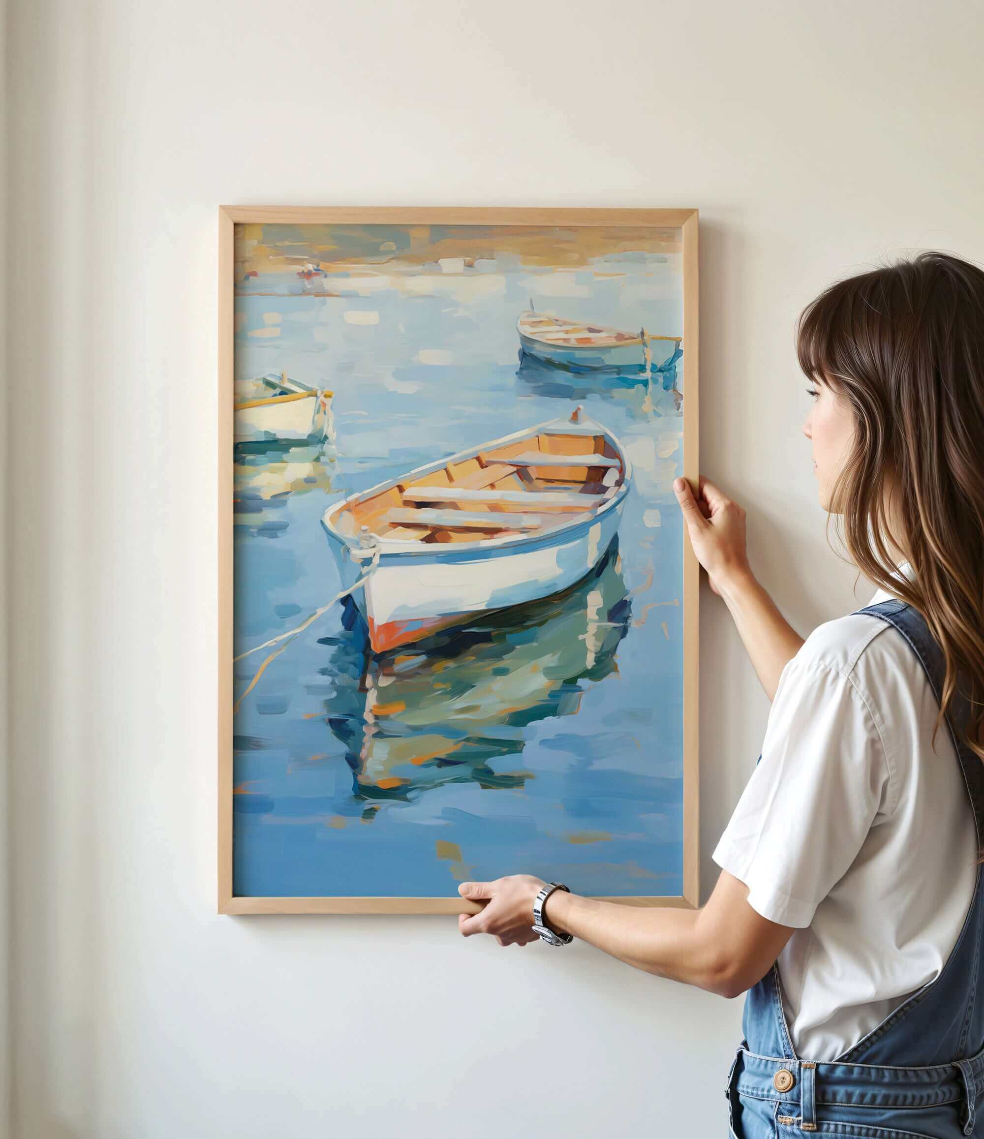 A woman is standing in front of a painting that depicts several boats floating on a body of water.