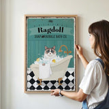 a woman standing next to a poster of a cat in a bathtub