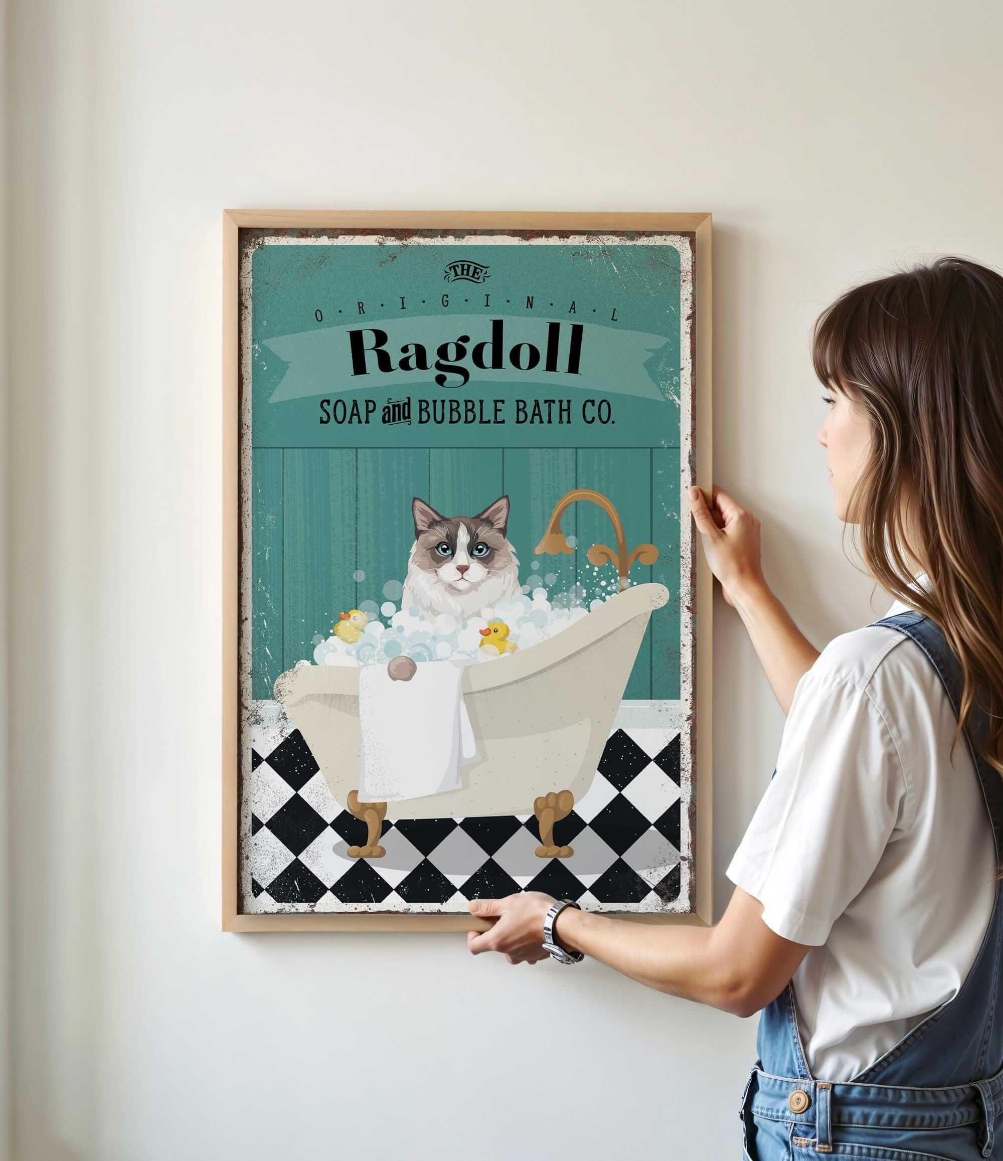a woman standing next to a poster of a cat in a bathtub