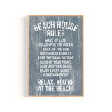 The Beach House Rules Sign, Painted Wood, Harbor Blue, features playful white text on a blue weathered background—the ideal coastal wall art to enhance your beach house decor.