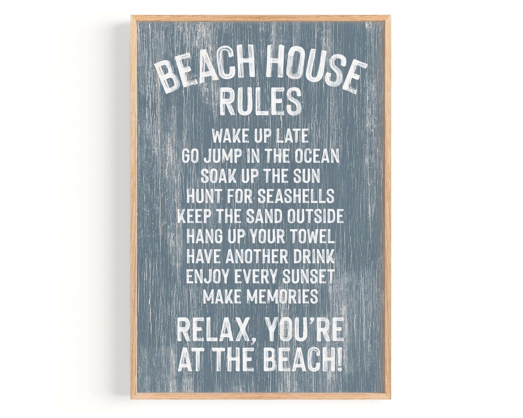 The Beach House Rules Sign, Painted Wood, Harbor Blue, features playful white text on a blue weathered background—the ideal coastal wall art to enhance your beach house decor.