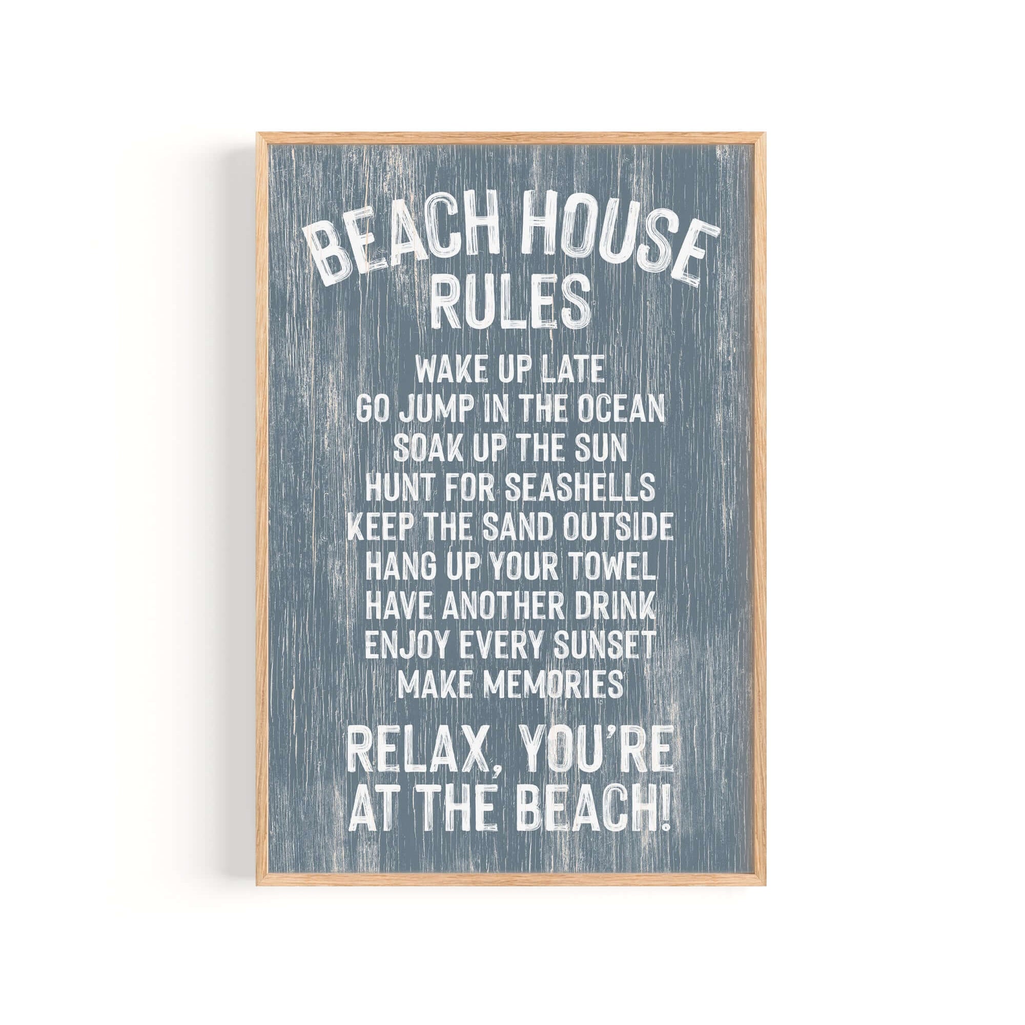 The Beach House Rules Sign, Painted Wood, Harbor Blue, features playful white text on a blue weathered background—the ideal coastal wall art to enhance your beach house decor.