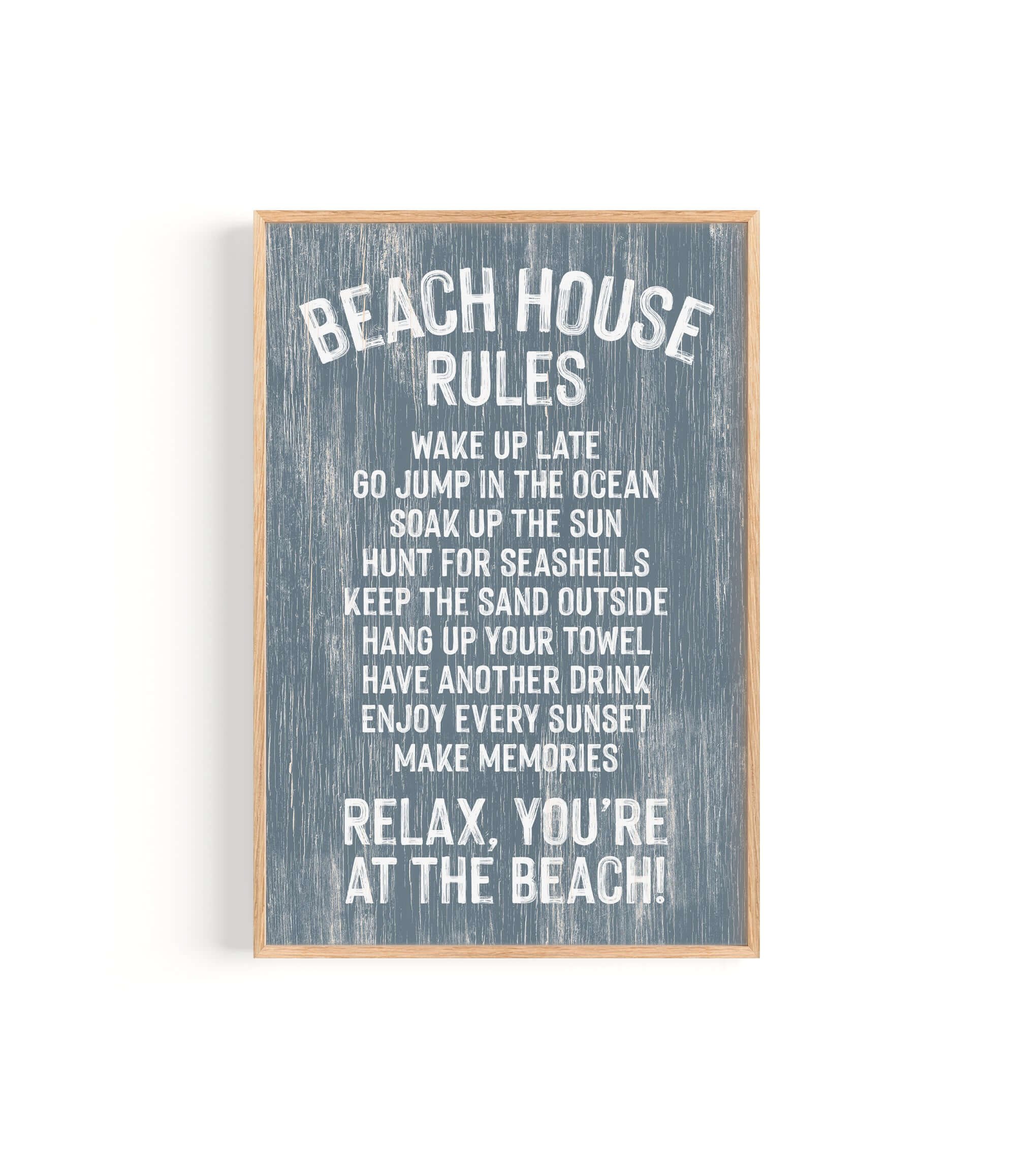 The Beach House Rules Sign, Painted Wood, Harbor Blue, features playful white text on a blue weathered background—the ideal coastal wall art to enhance your beach house decor.