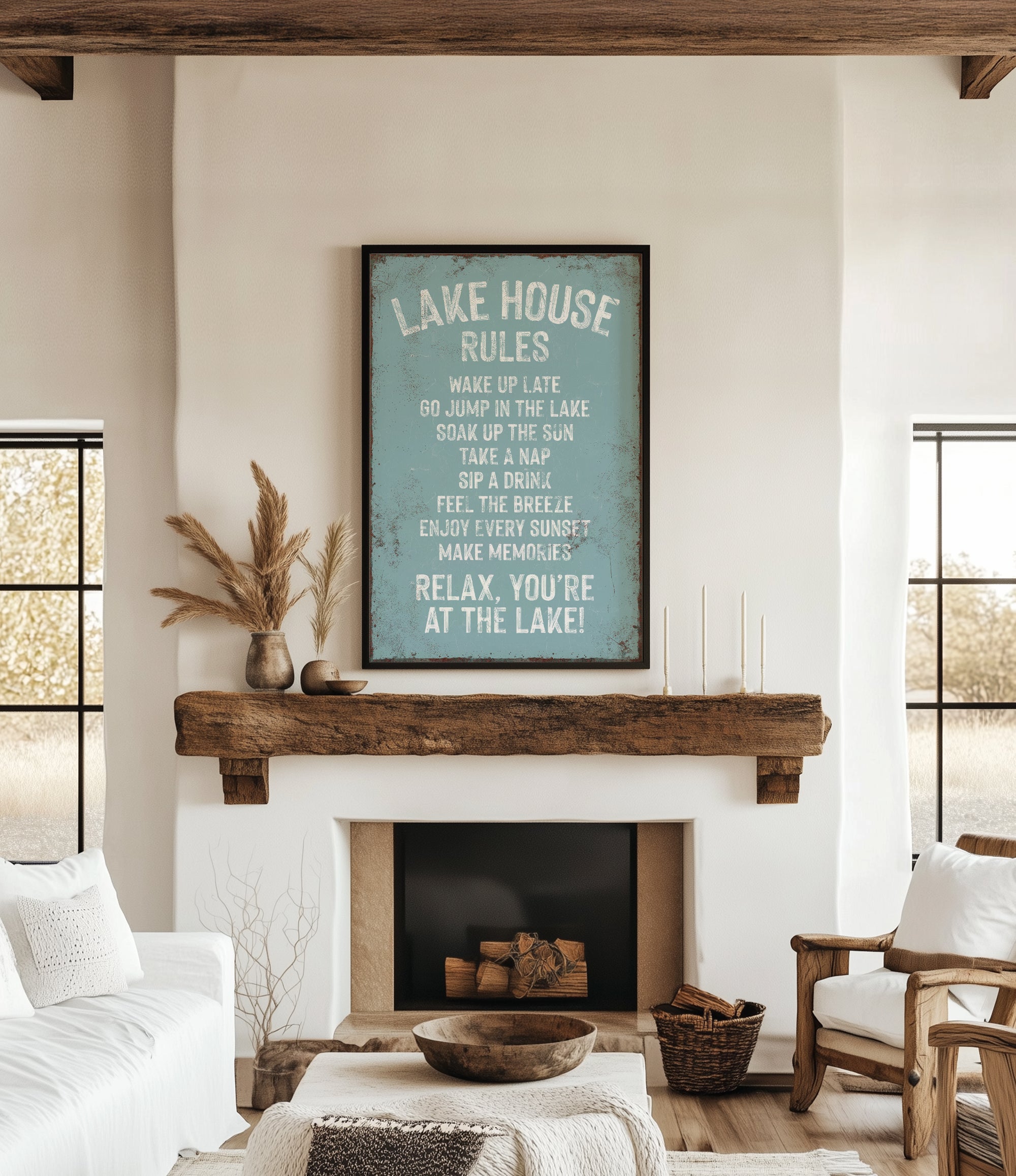 a cozy living room with a fireplace, a wooden mantel, and a framed sign that reads "Lake House Rules" above the mantel. The room has a comfortable and inviting atmosphere, with a couch, a chair, and a decorative vase on display.
