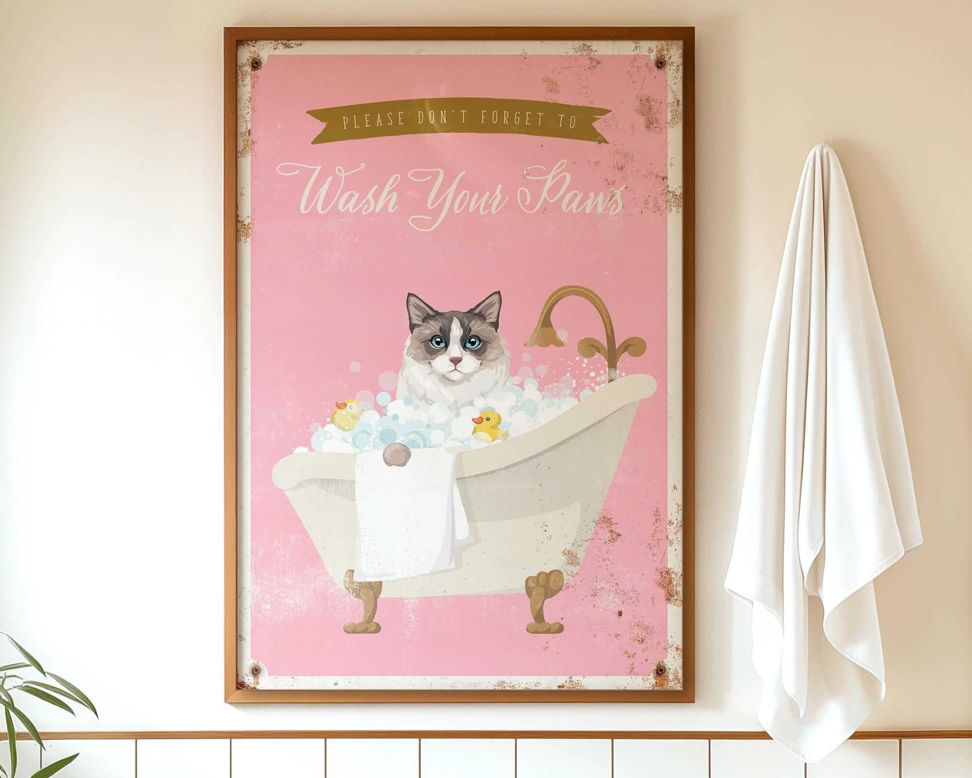A framed poster with a cat sitting in a bathtub, surrounded by bubbles, and a towel hanging on the wall.