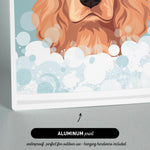 The image is an illustration of a dog's face with bubbles, and it is an "Aluminum print" that is waterproof and perfect for outdoor use, as well as including hanging hardware.