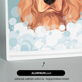 The image is an illustration of a dog's face with bubbles, and it is an "Aluminum print" that is waterproof and perfect for outdoor use, as well as including hanging hardware.