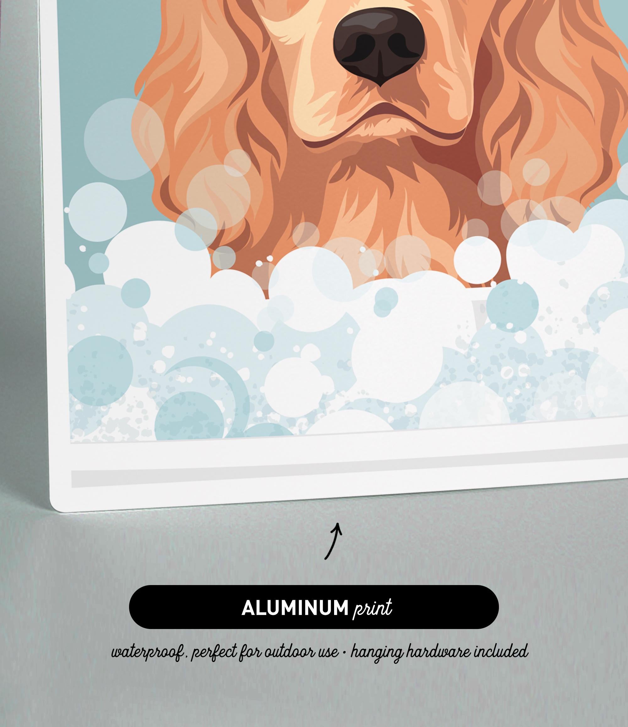 The image is an illustration of a dog's face with bubbles, and it is an "Aluminum print" that is waterproof and perfect for outdoor use, as well as including hanging hardware.
