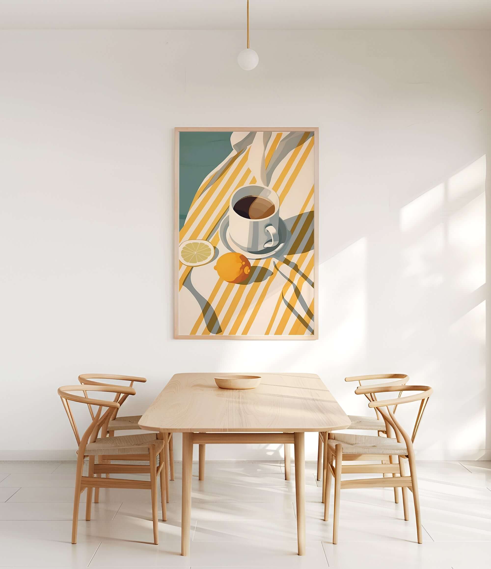 a dining room with a wooden table and four chairs, a bowl on the table, and a painting of a cup, lemon, and orange on the wall above the table.