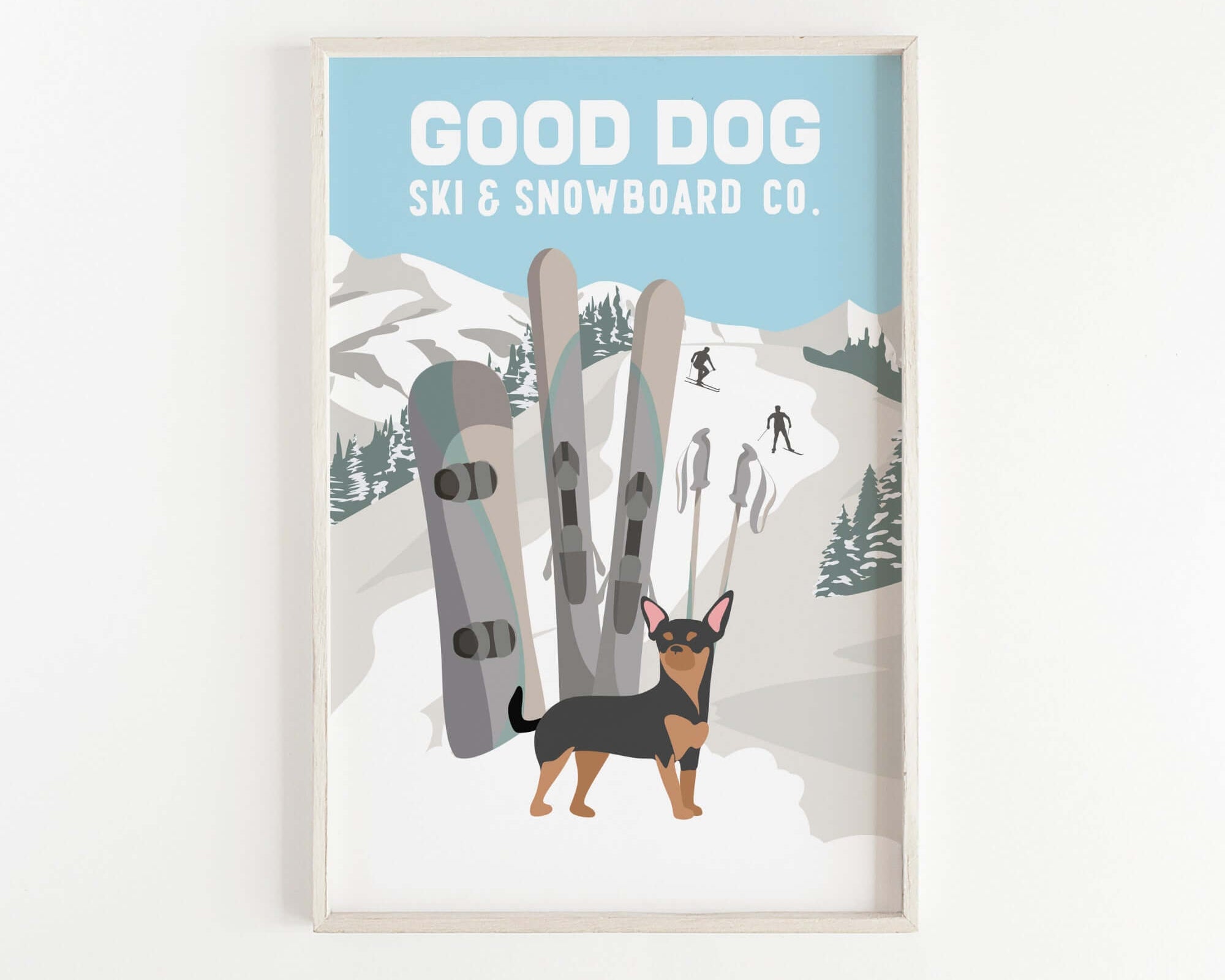 a picture of a picture of a dog on a snowboard