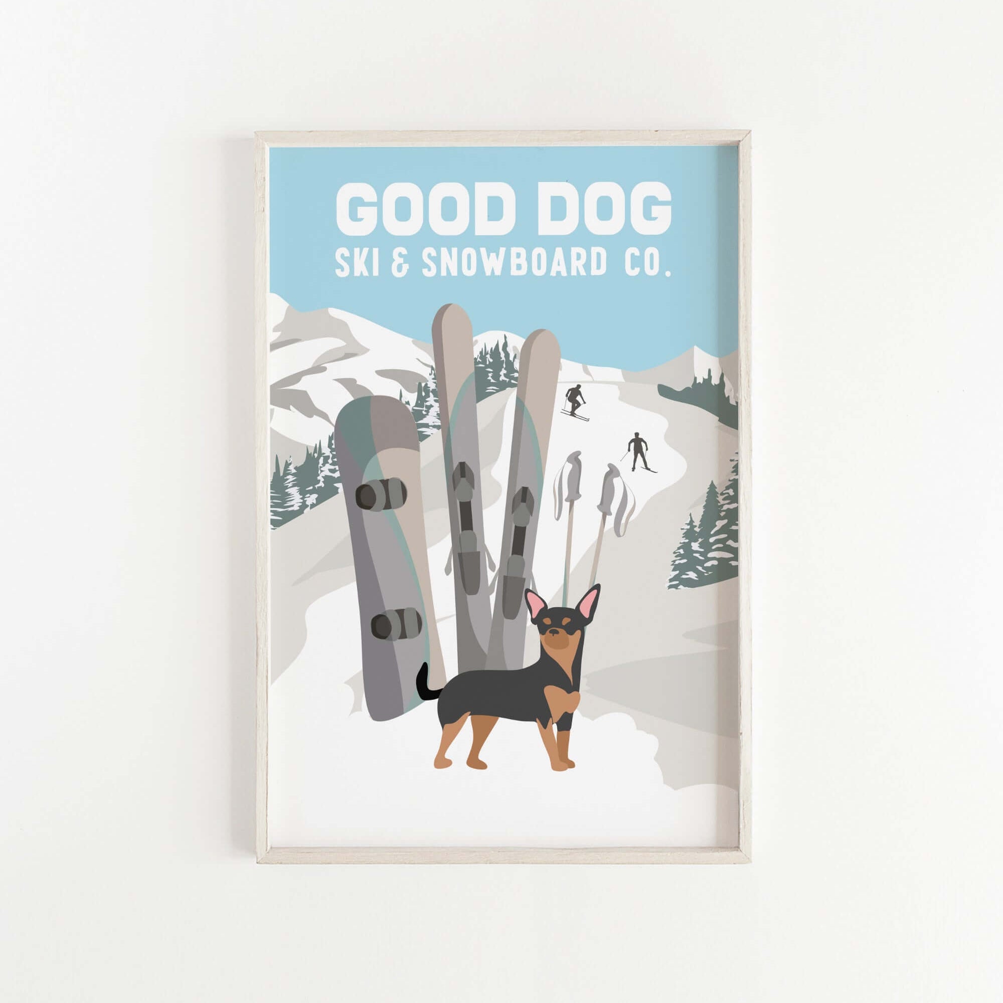 a picture of a picture of a dog on a snowboard