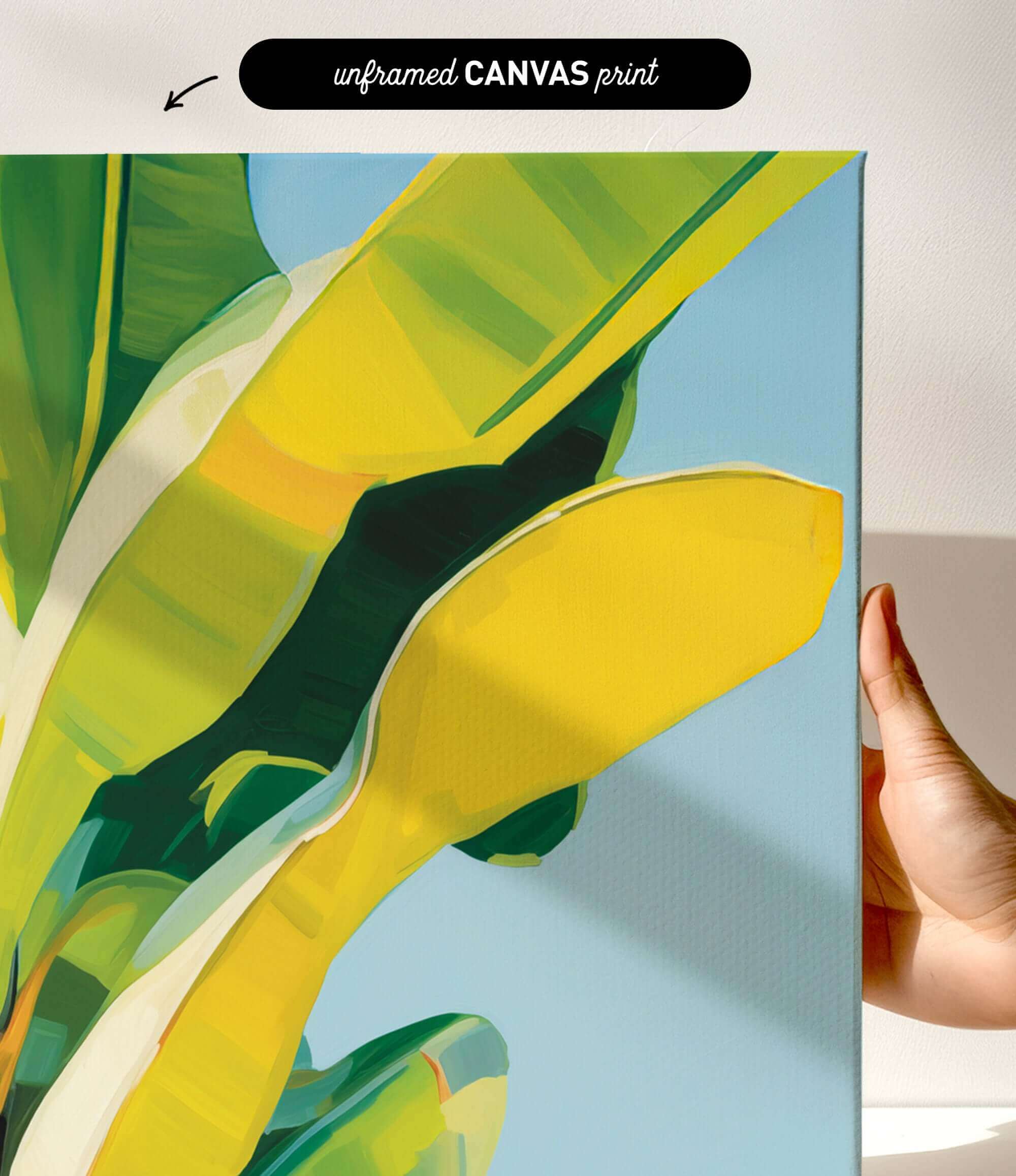 The image is a vibrant abstract painting featuring a large yellow leaf with green and yellow accents, set against a blue background.