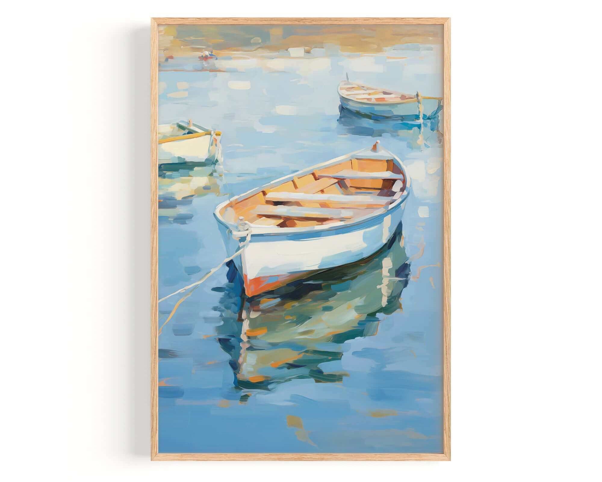a serene scene of three small boats floating on a calm body of water, with a wooden frame surrounding the artwork.