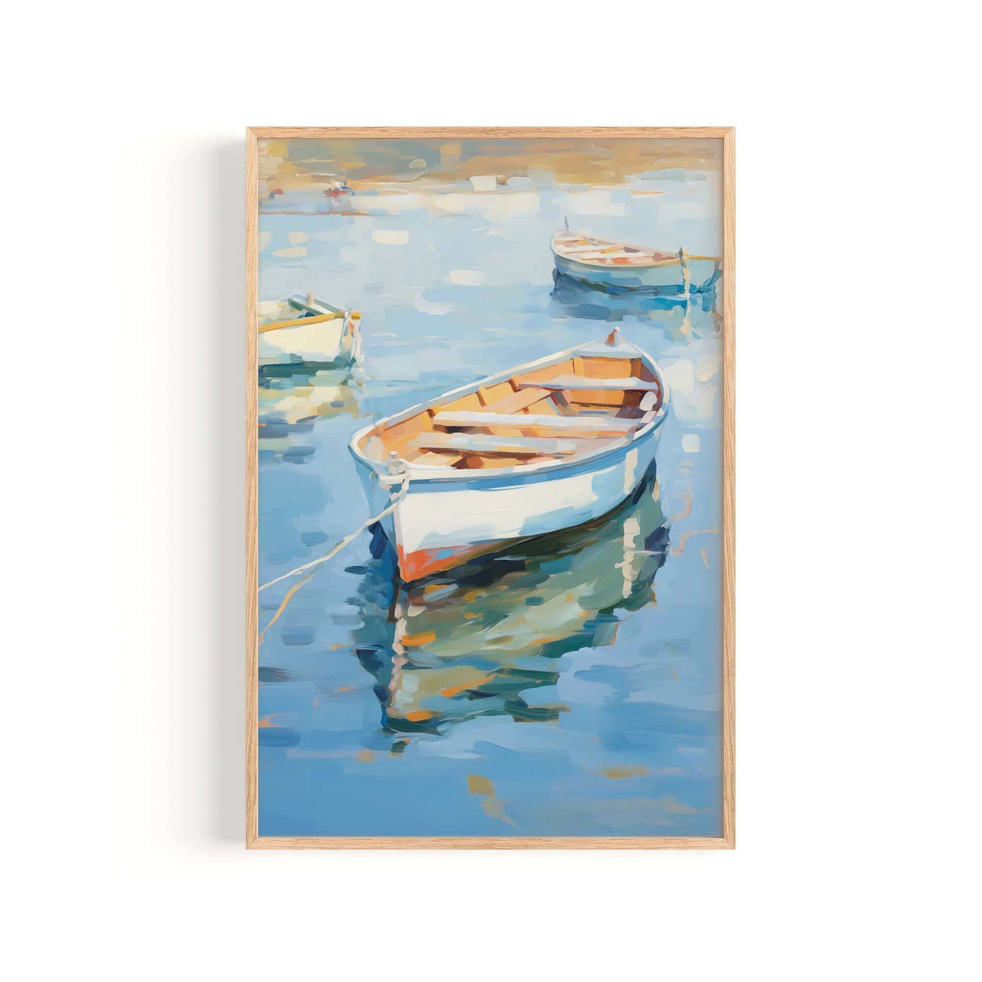 a serene scene of three small boats floating on a calm body of water, with a wooden frame surrounding the artwork.