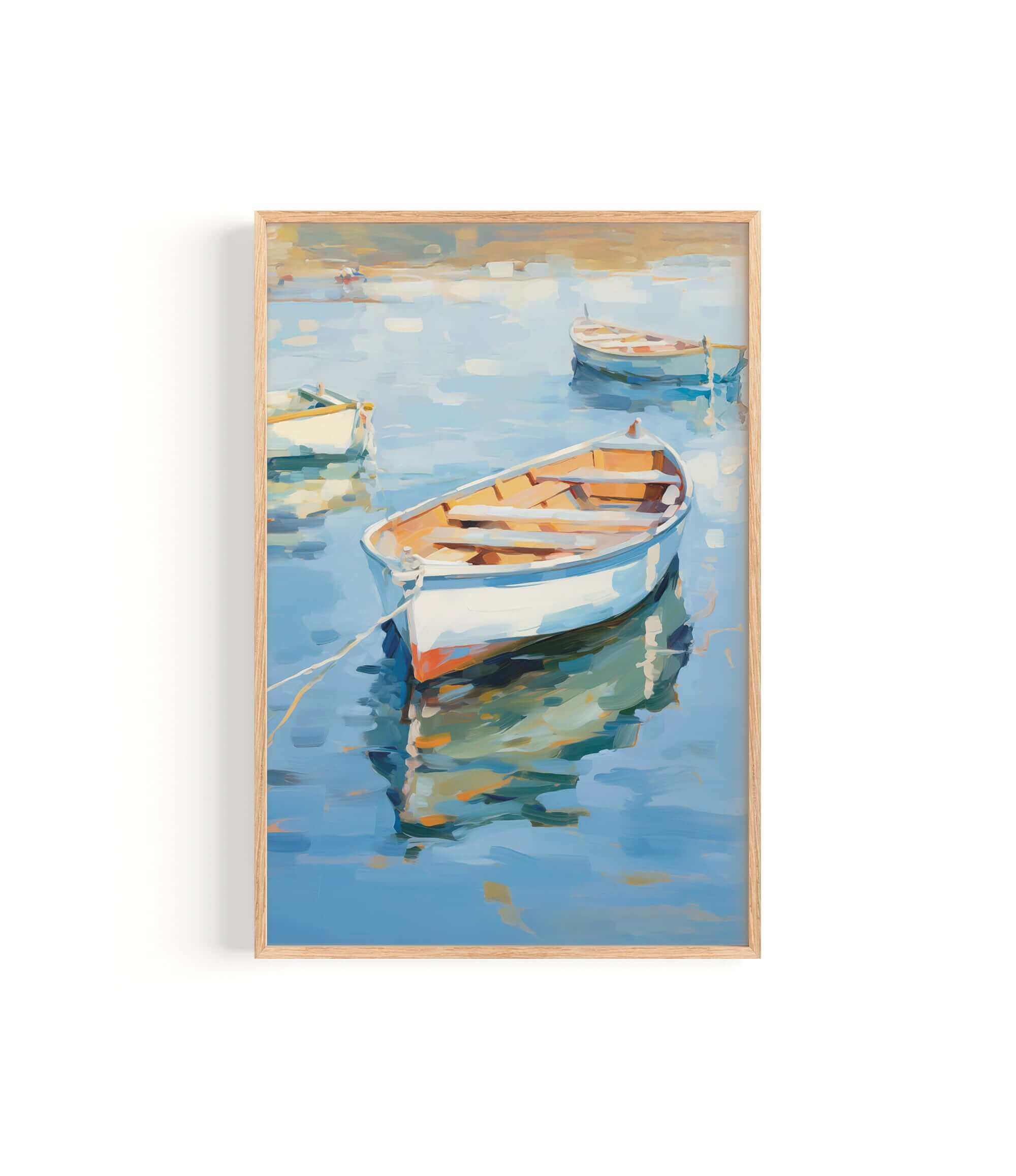 a serene scene of three small boats floating on a calm body of water, with a wooden frame surrounding the artwork.