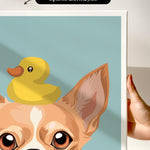 a close-up of a dog's face with a yellow rubber duck perched on its head.