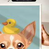 a close-up of a dog's face with a yellow rubber duck perched on its head.