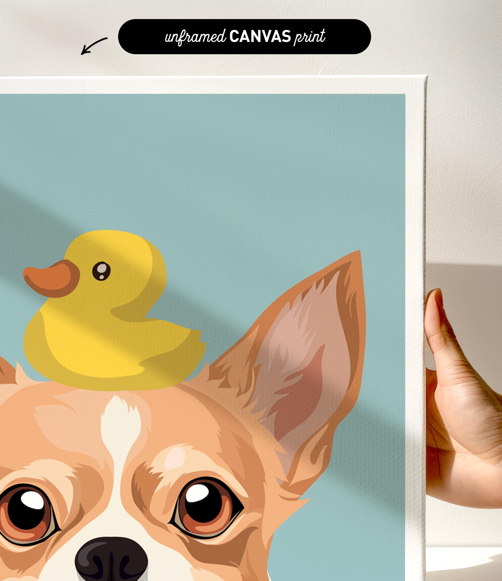 a close-up of a dog's face with a yellow rubber duck perched on its head.